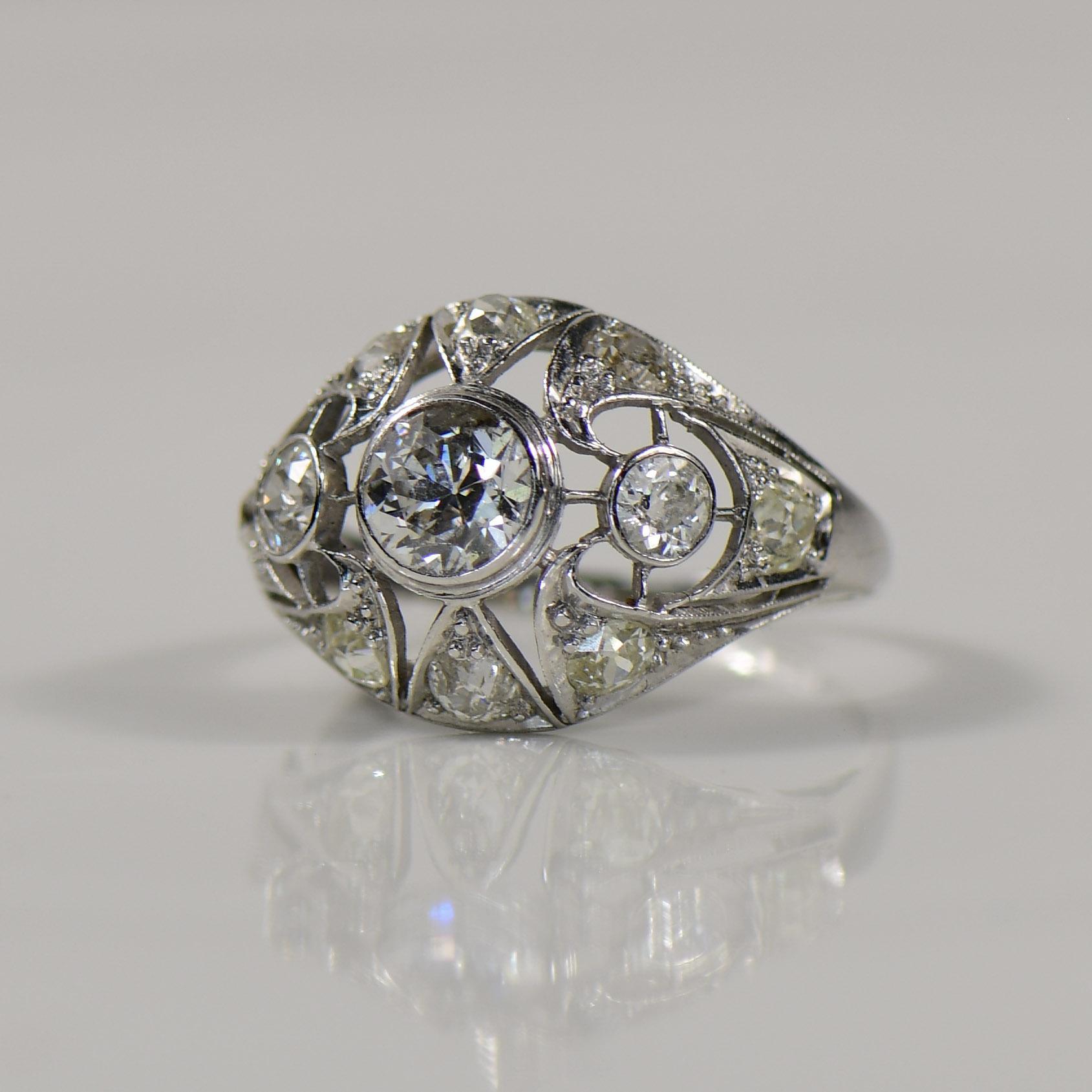 Old European Cut Art Deco 2.55cttw Old Cut Diamond Geometric Open Work Dome Style Platinum Ring For Sale