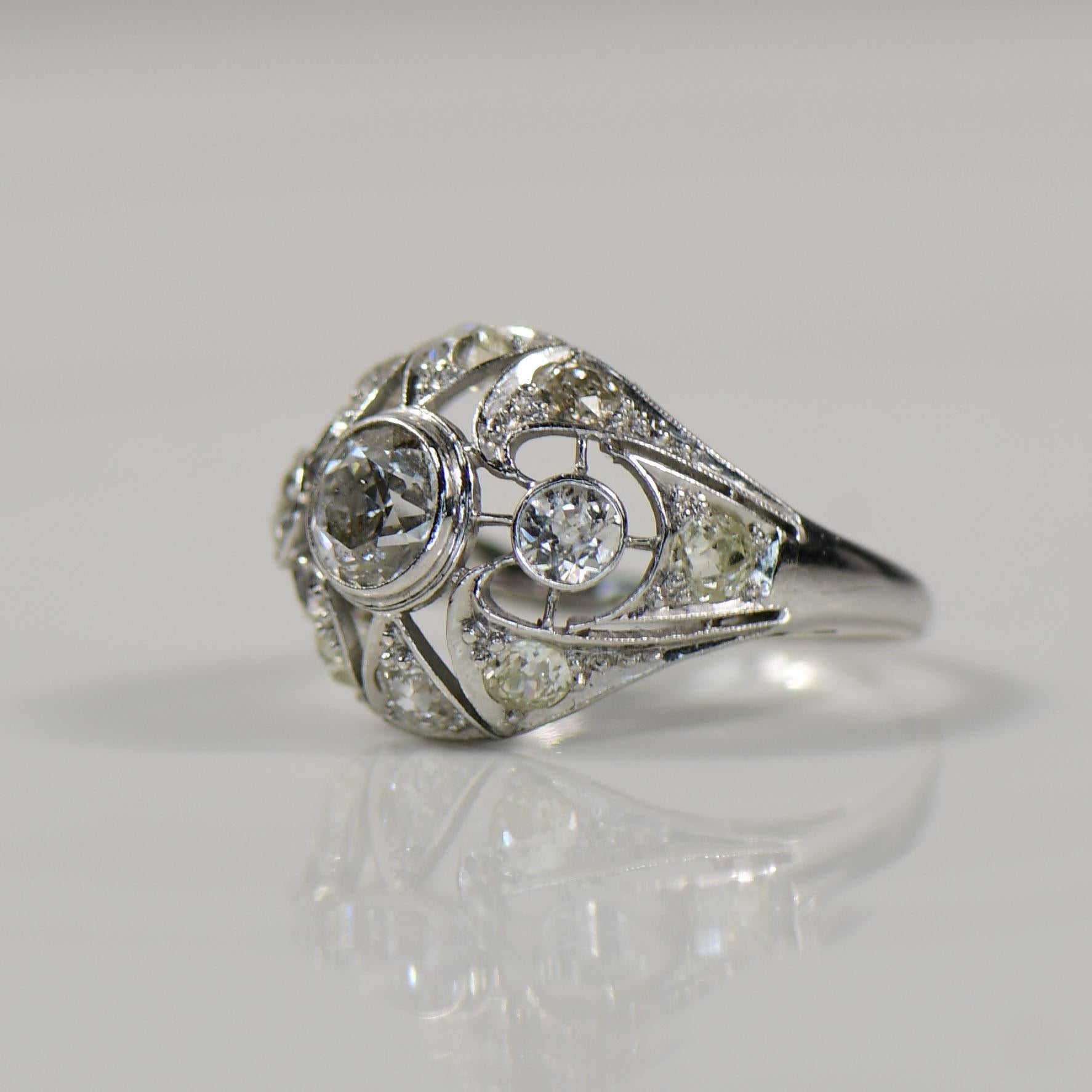 Art Deco 2.55cttw Old Cut Diamond Geometric Open Work Dome Style Platinum Ring In Good Condition For Sale In Addison, TX