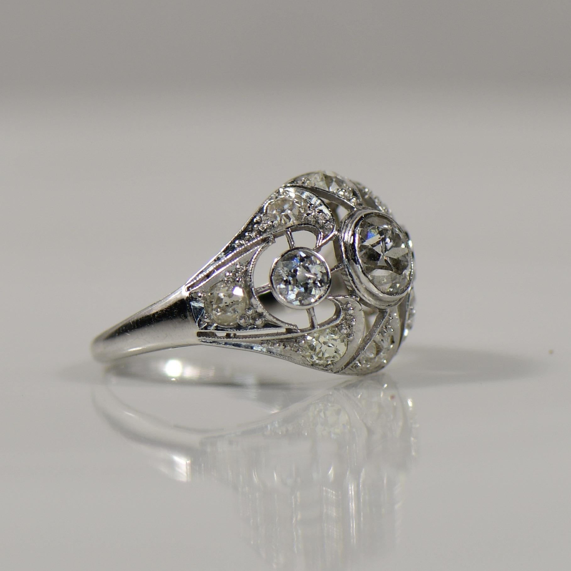 Women's Art Deco 2.55cttw Old Cut Diamond Geometric Open Work Dome Style Platinum Ring For Sale