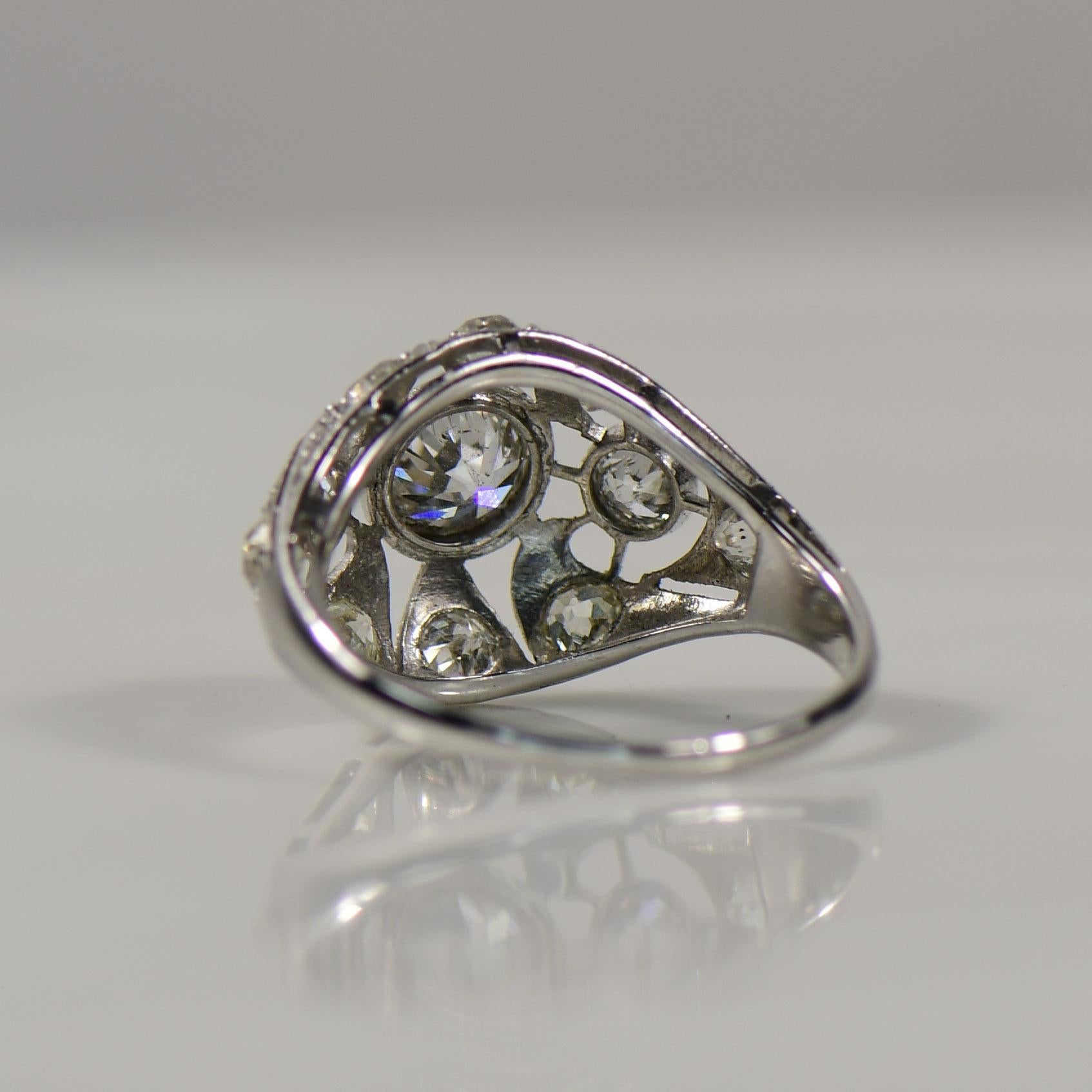 Art Deco 2.55cttw Old Cut Diamond Geometric Open Work Dome Style Platinum Ring For Sale 1