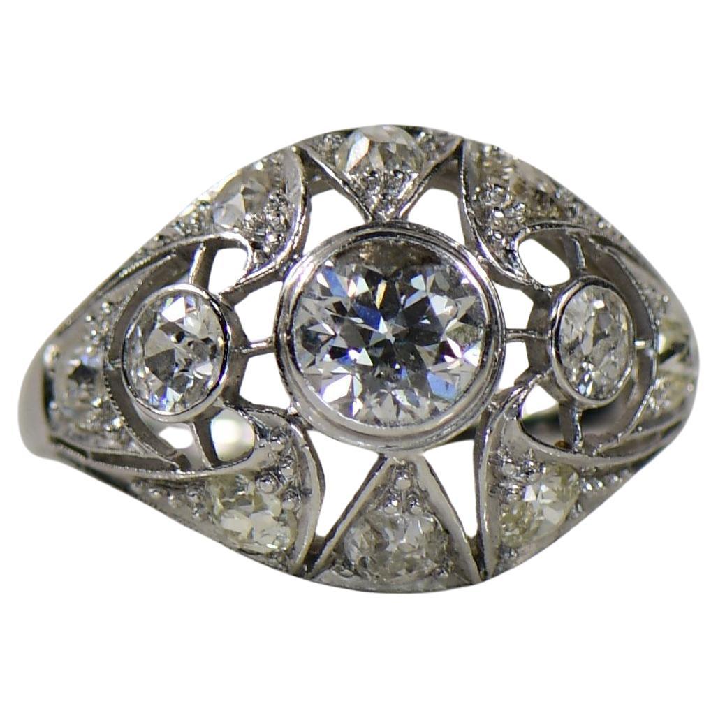Art Deco 2.55cttw Old Cut Diamond Geometric Open Work Dome Style Platinum Ring For Sale