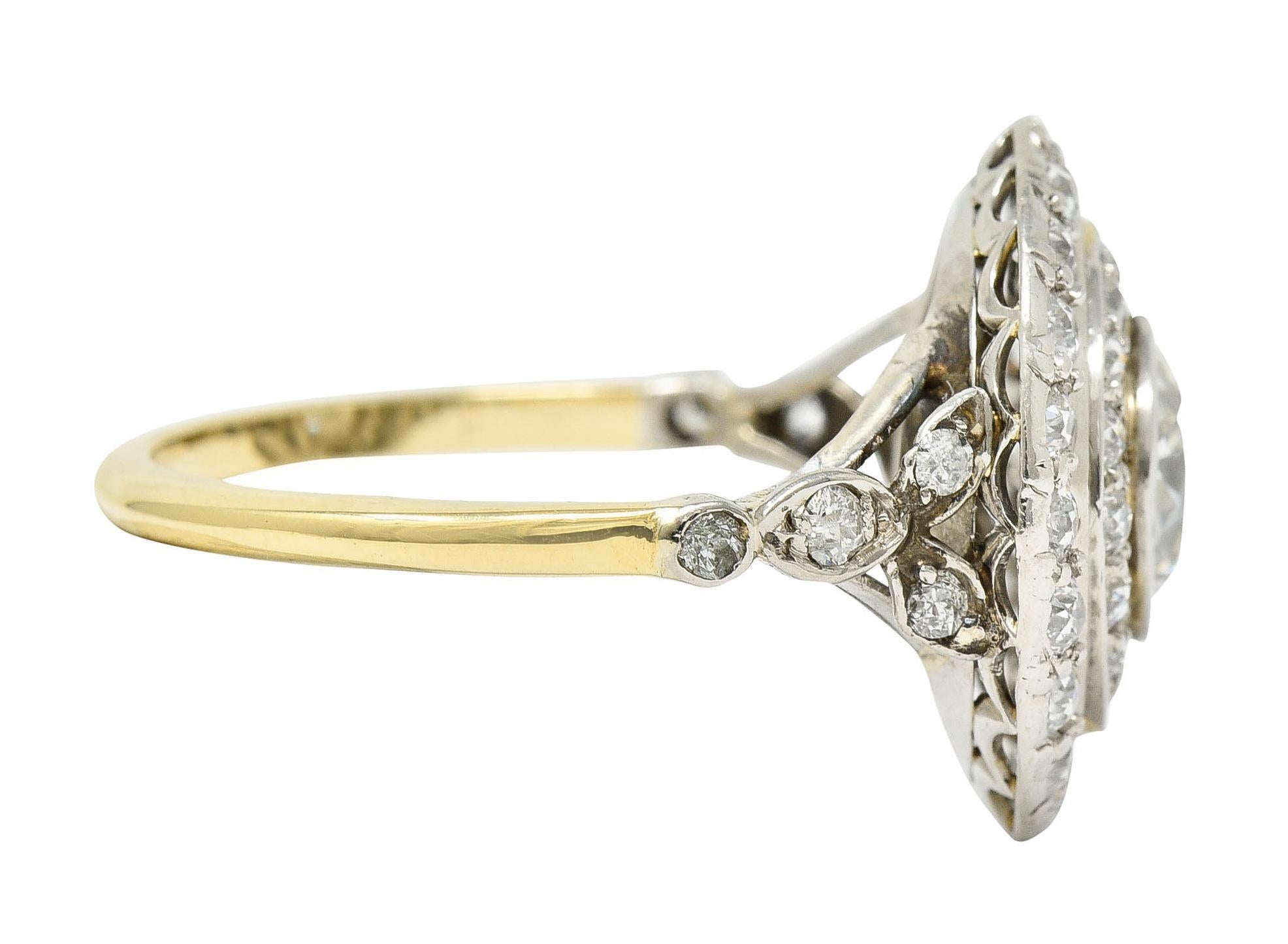 Old European Cut Art Deco 2.56 Carats Diamond Platinum-Topped 14 Karat Gold Cluster Ring GIA