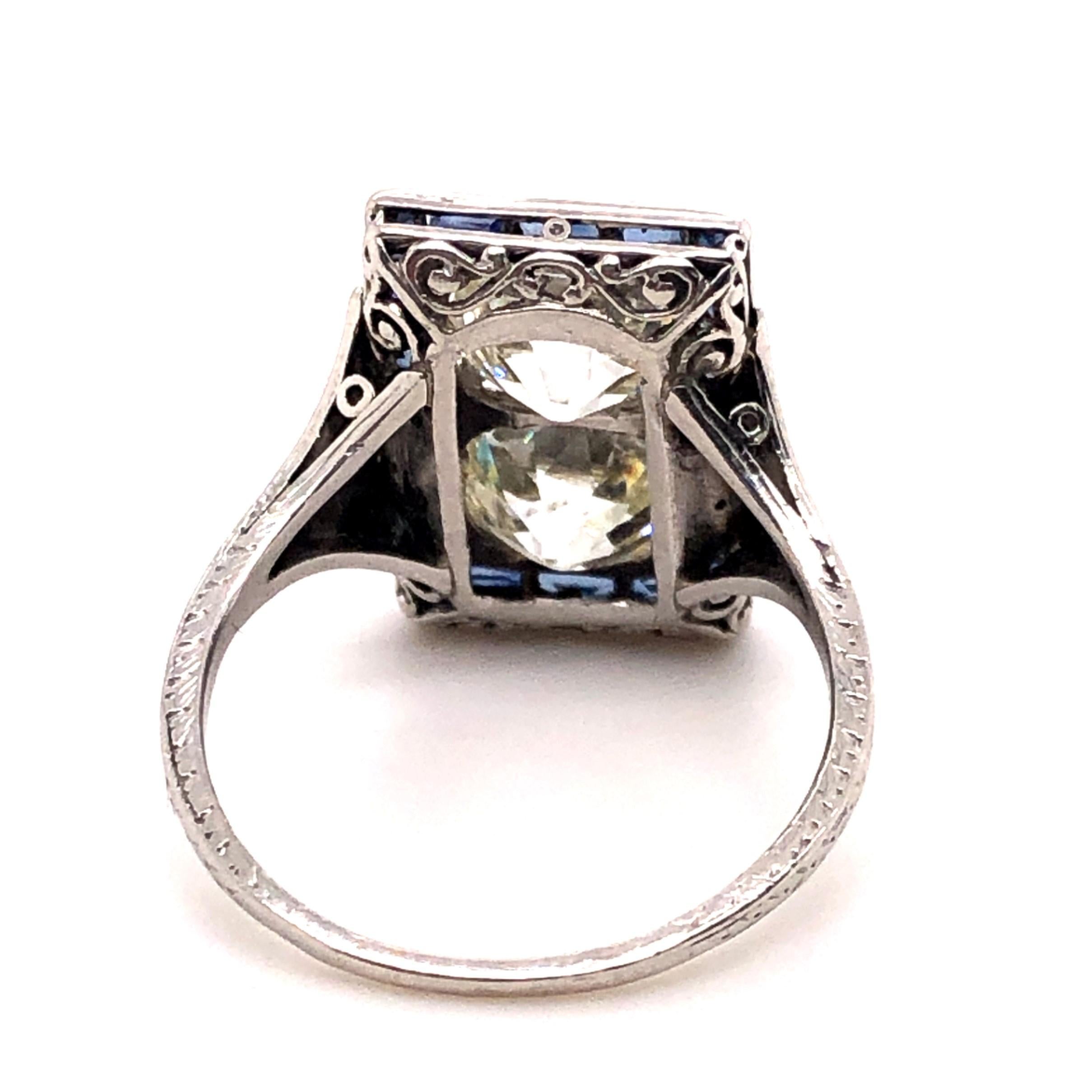 Art Deco 2.58 Carat Old Mine Cut Diamond and French Cut Sapphire Ring In Good Condition In Towson, MD