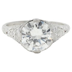 Art Deco 2.58 CTW European Diamond Platinum Vintage Lotus Engagement Ring GIA