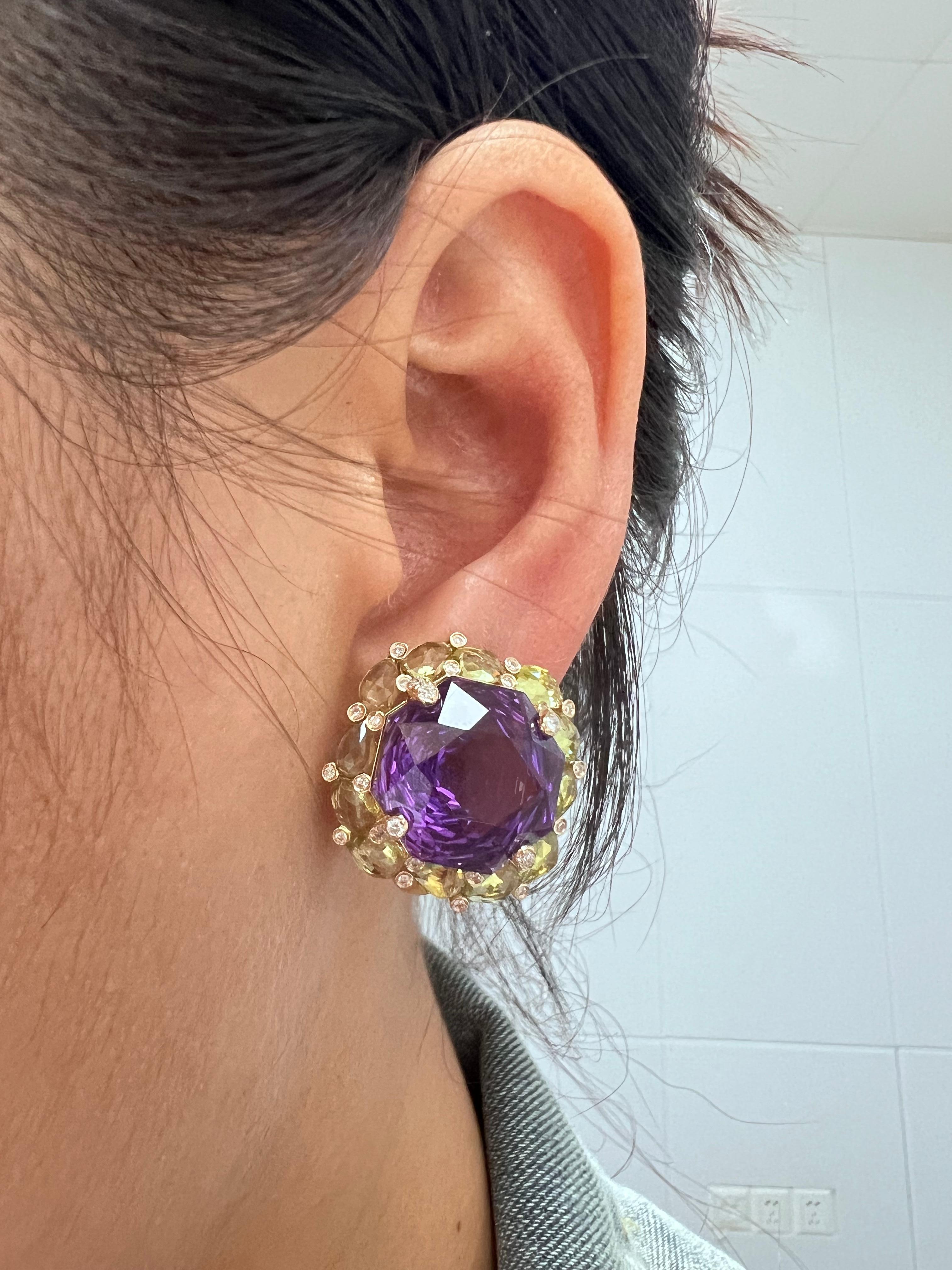 Rough Cut Art Deco 25.81Ct Amethyst Peridot Diamond Earrings in 14 Karat Yellow Gold For Sale