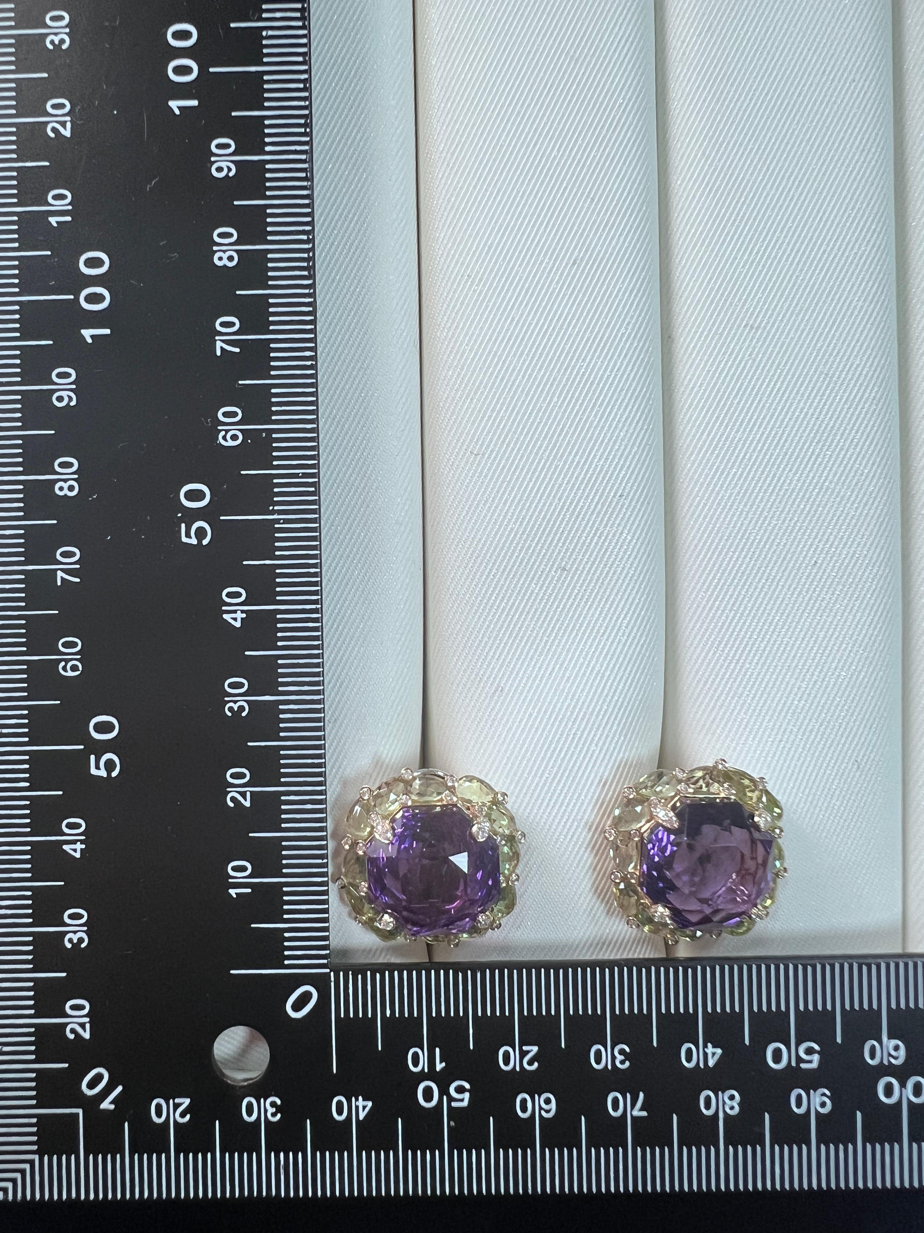 Art Deco 25.81Ct Amethyst Peridot Diamond Earrings in 14 Karat Yellow Gold In New Condition For Sale In Hong Kong, HK