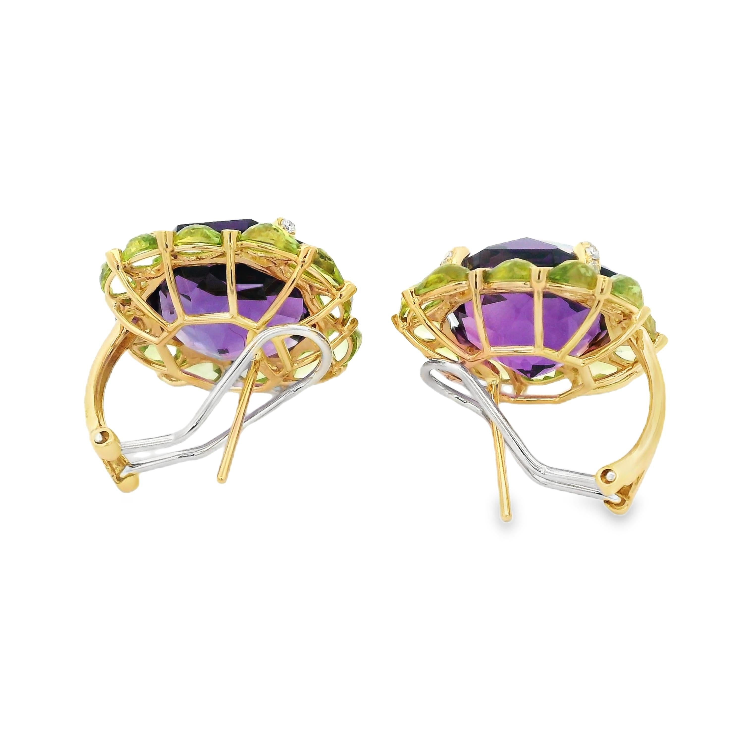 Women's Art Deco 25.81Ct Amethyst Peridot Diamond Earrings in 14 Karat Yellow Gold For Sale