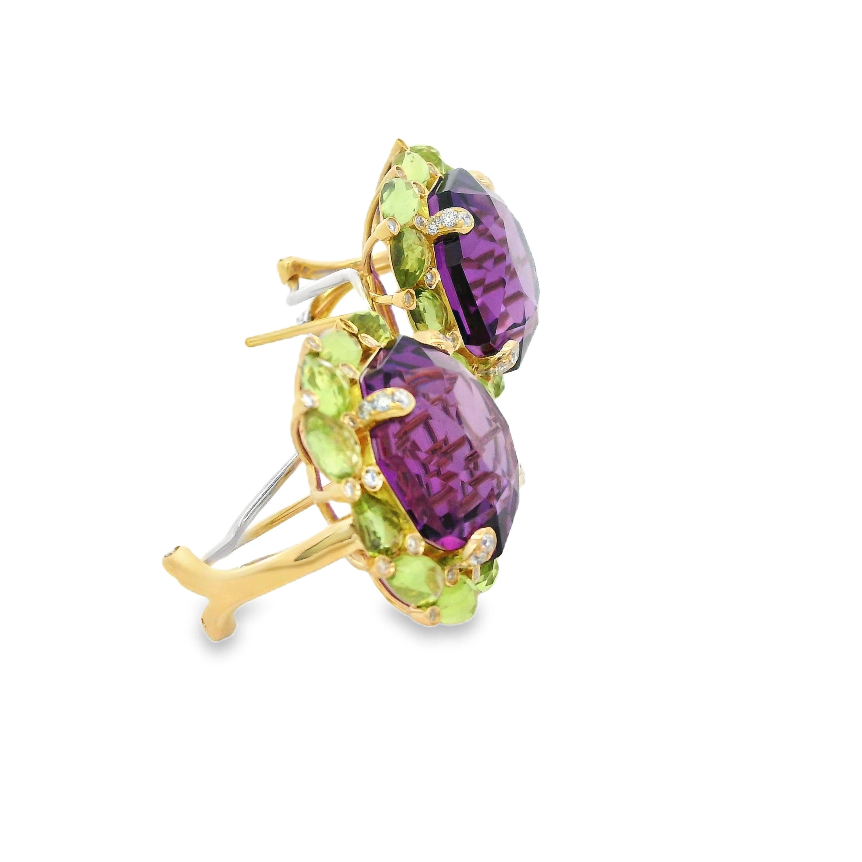 Art Deco 25.81Ct Amethyst Peridot Diamond Earrings in 14 Karat Yellow Gold For Sale 1