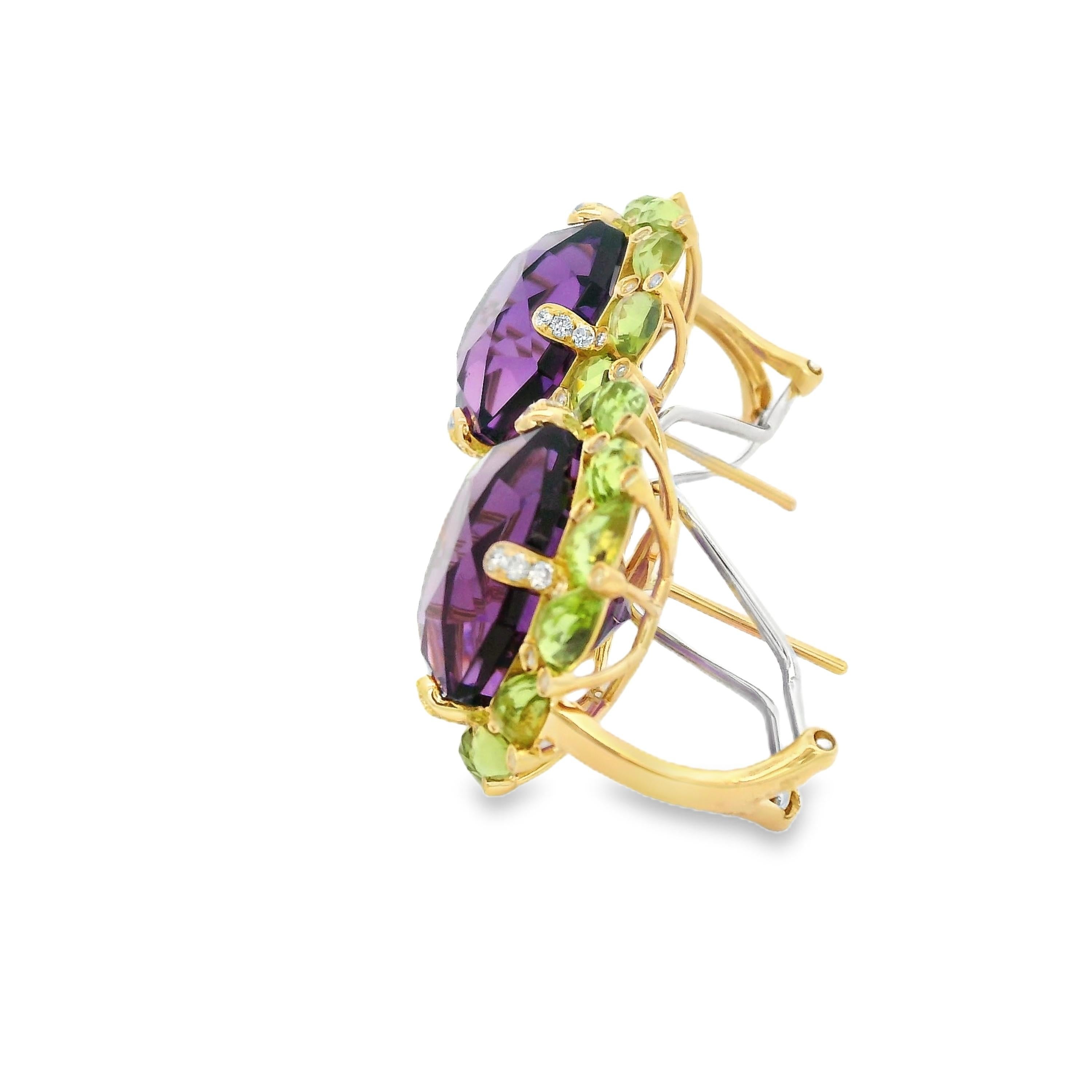 Art Deco 25.81Ct Amethyst Peridot Diamond Earrings in 14 Karat Yellow Gold For Sale 3
