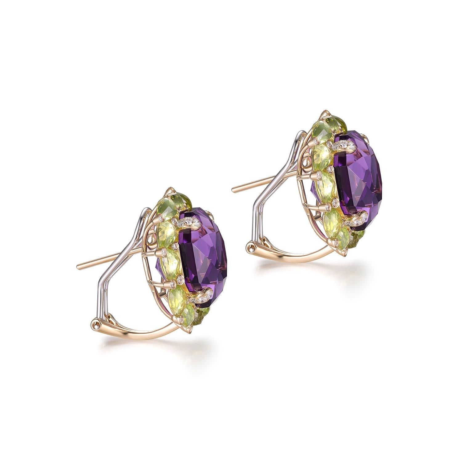 Art Deco 25.81Ct Amethyst Peridot Diamond Earrings in 14 Karat Yellow Gold For Sale 4