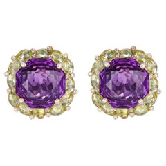 Art Deco 25.81Ct Amethyst Peridot Diamond Earrings in 14 Karat Yellow Gold