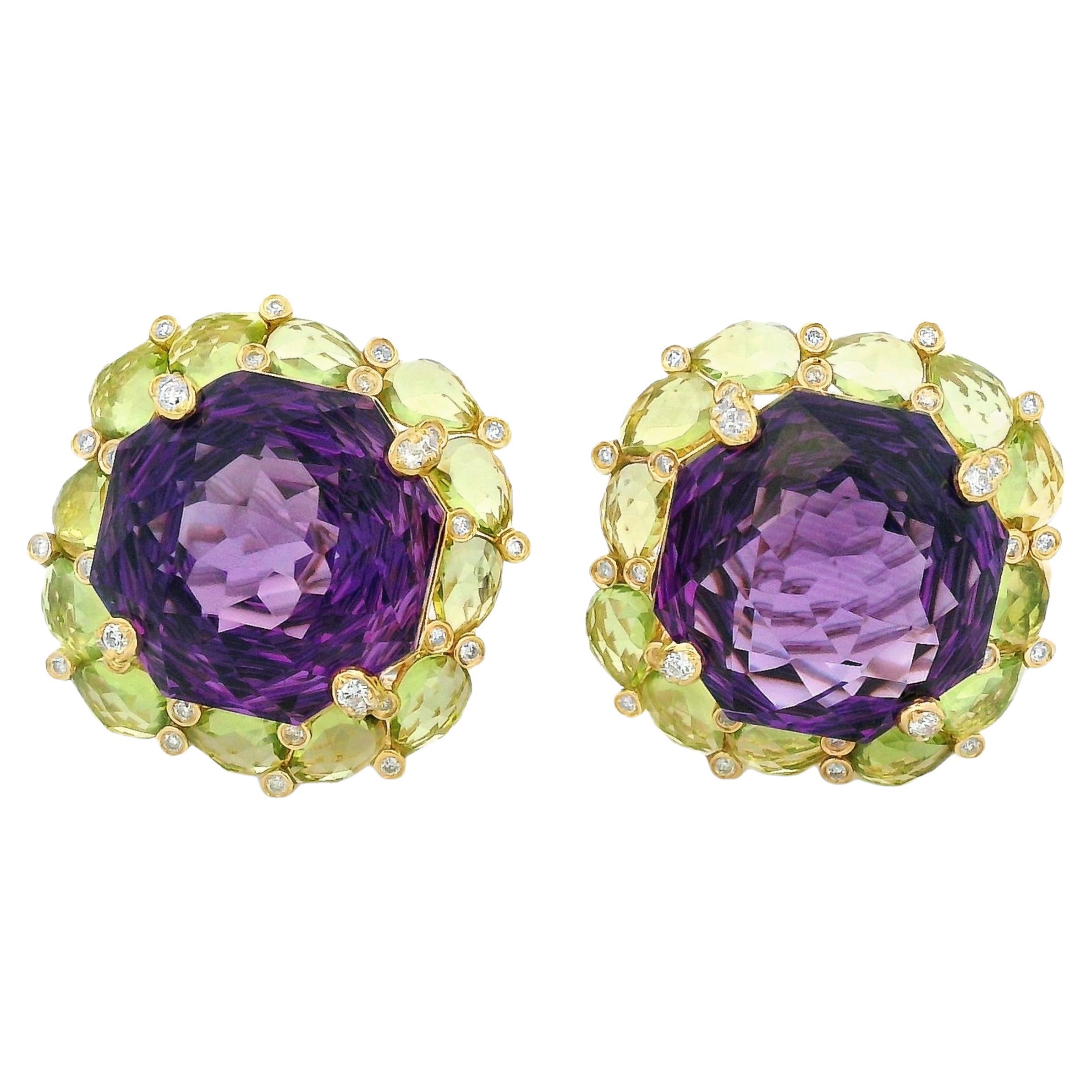 Crafted from luxurious 14 karat gold, these earrings are a stunning embodiment of vibrant elegance and refined craftsmanship.  At the heart of each earring lies a captivating round-cut amethyst totaling an impressive 25.81 carats, radiating deep