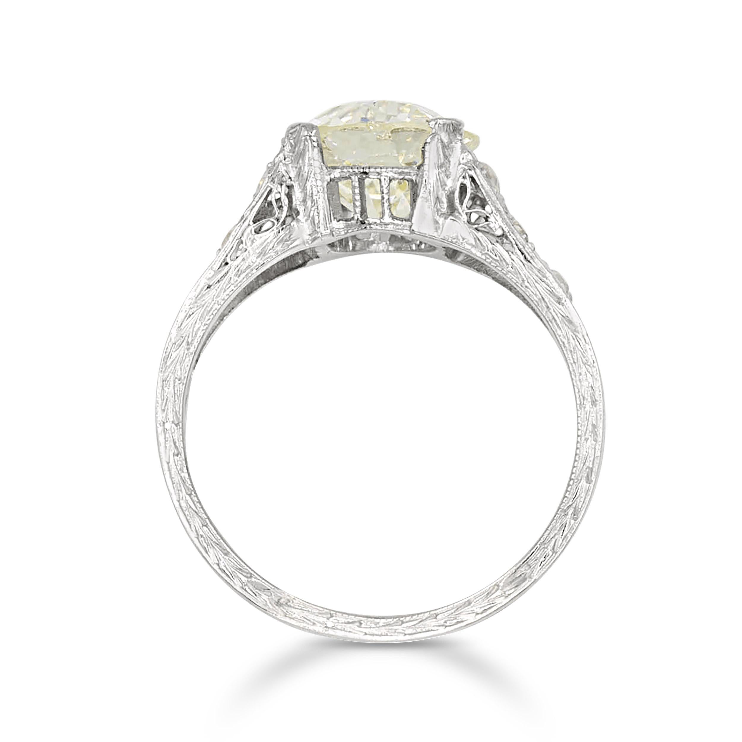 Art Deco 2.59ct. Old European Diamond Engagement Ring GIA N VS1, Platinum In Good Condition For Sale In New York, NY