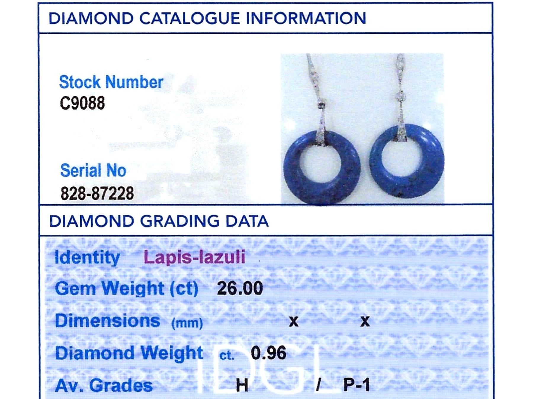 Art Deco 26 Carat Lapis Lazuli, 0.96 Carat Diamond and Platinum Drop Earrings For Sale 5