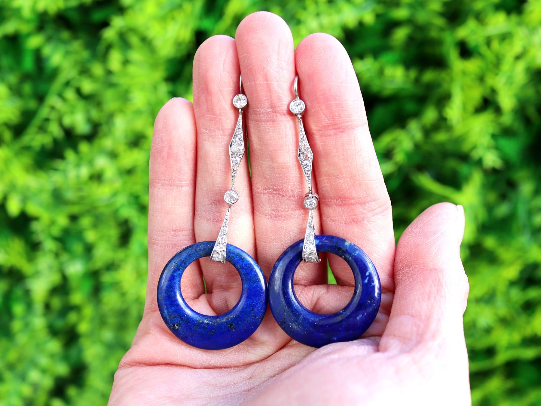 A stunning, fine and impressive, large pair of antique Art Deco 26 carat lapis lazuli, 0.96 carat diamond and platinum drop earrings; part of our diverse antique jewelry and estate jewelry collections.

These stunning, fine and impressive antique