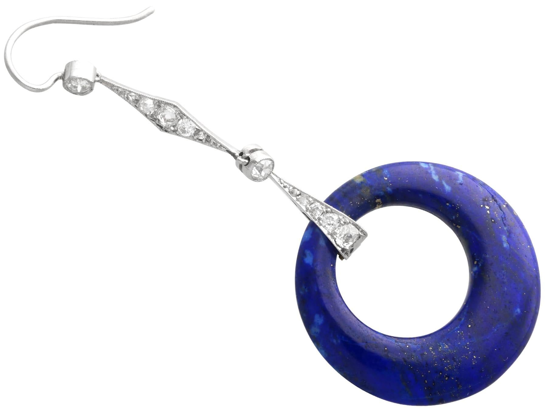 Women's or Men's Art Deco 26 Carat Lapis Lazuli, 0.96 Carat Diamond and Platinum Drop Earrings For Sale
