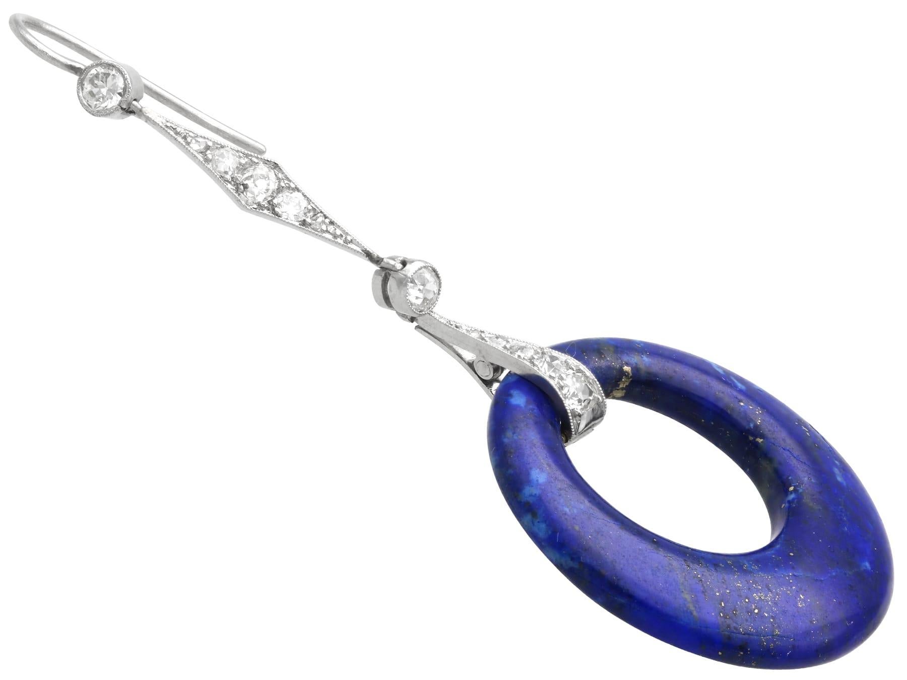 Art Deco 26 Carat Lapis Lazuli, 0.96 Carat Diamond and Platinum Drop Earrings For Sale 1