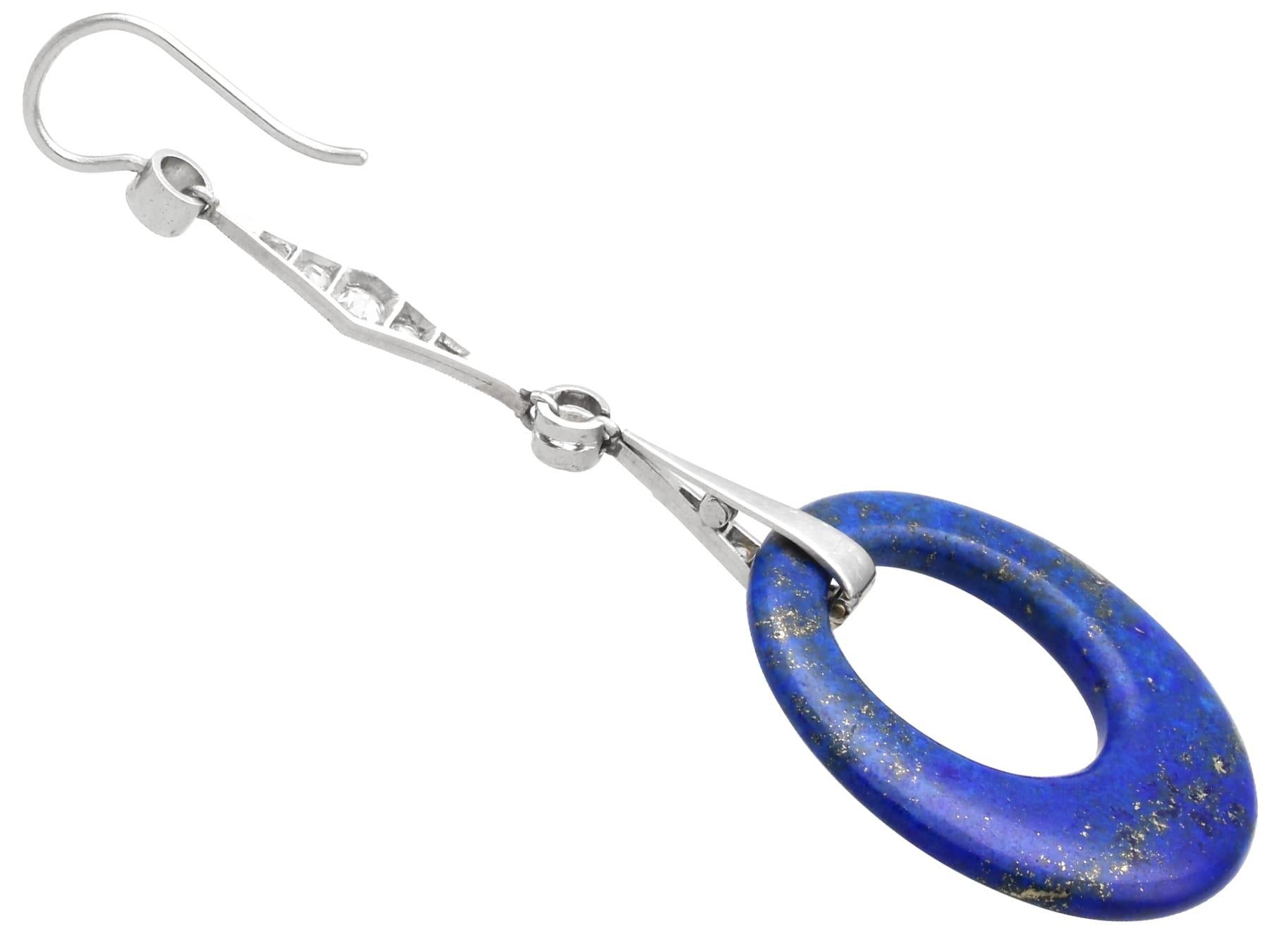 Art Deco 26 Carat Lapis Lazuli, 0.96 Carat Diamond and Platinum Drop Earrings For Sale 2