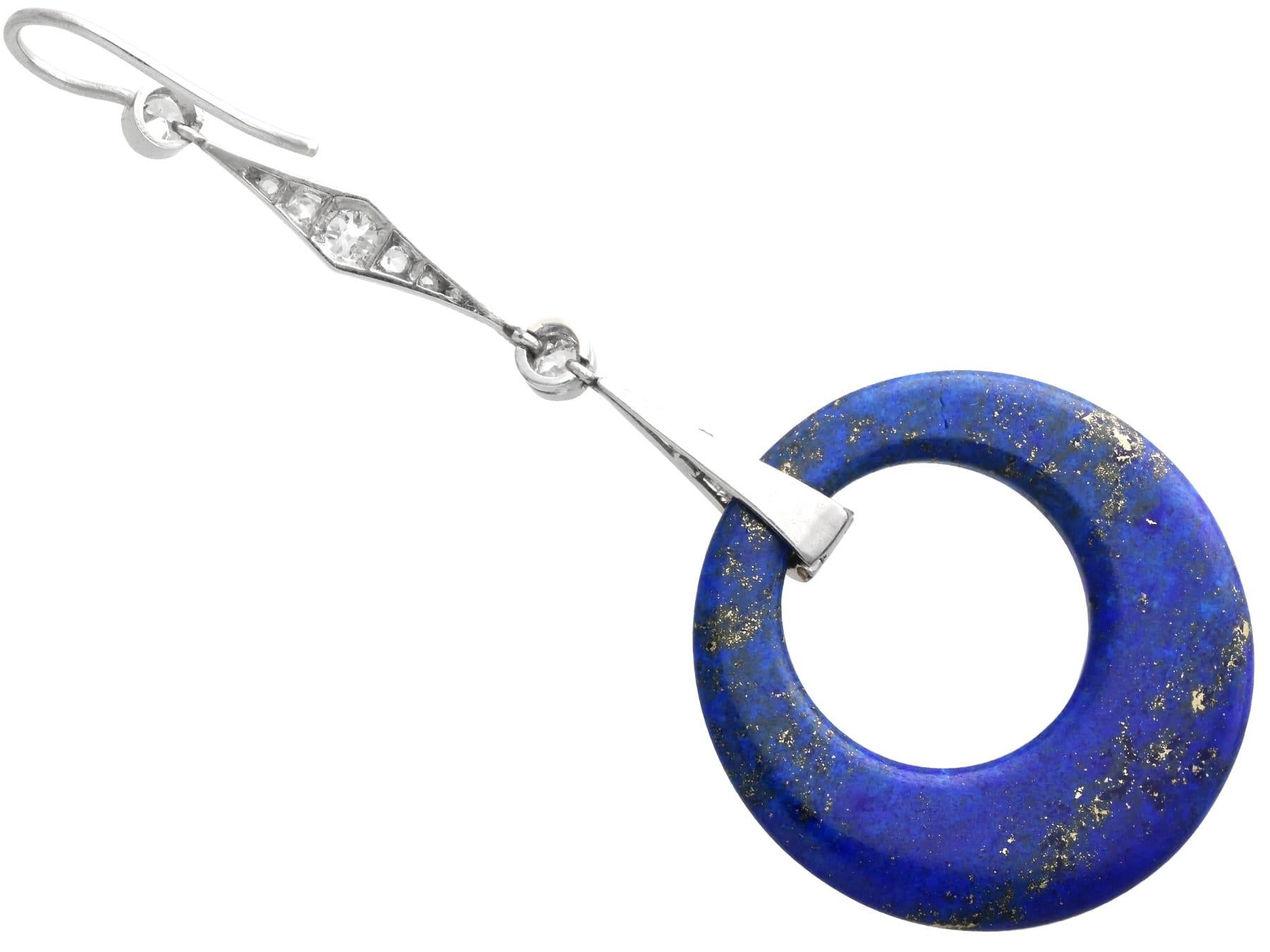 Art Deco 26 Carat Lapis Lazuli, 0.96 Carat Diamond and Platinum Drop Earrings For Sale 3