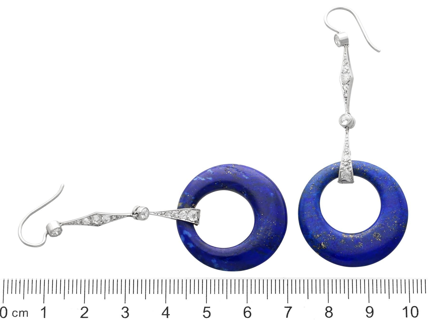Art Deco 26 Carat Lapis Lazuli, 0.96 Carat Diamond and Platinum Drop Earrings For Sale 4