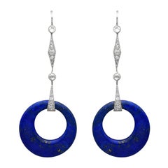 Art Deco 26 Carat Lapis Lazuli, 0.96 Carat Diamond and Platinum Drop Earrings