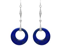 Pendants d'oreilles Art déco en platine, lapis-lazuli de 26 carats, diamants de 0,96 carat