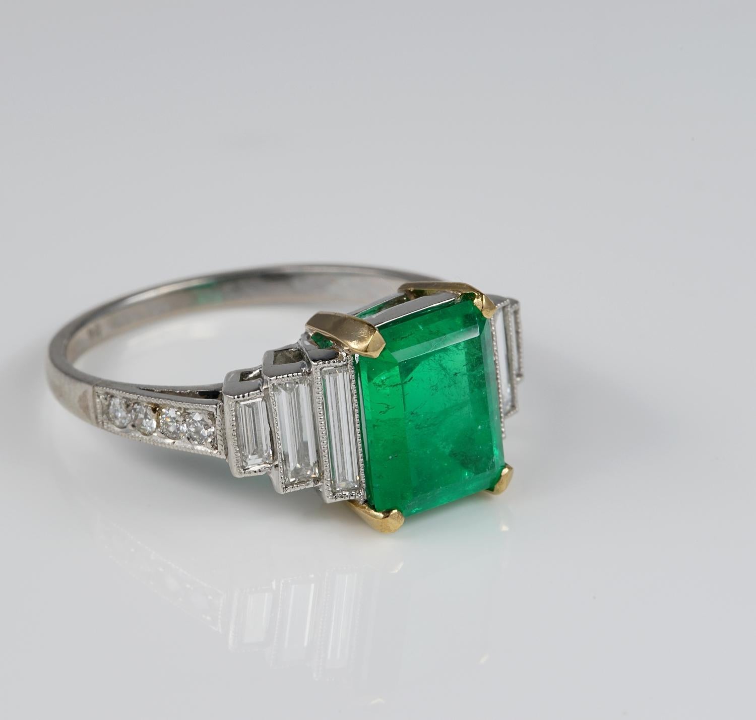 The Highly Prized Art Deco

An Authentic art Deco Diamond and Natural Colombian Emerald rare ring
Fascinating sleek, elegant design entirely crafted in Platinum as individual piece during 1925 ca
Art Deco 2.60 Carat Colombian Emerald 1.70 Carat