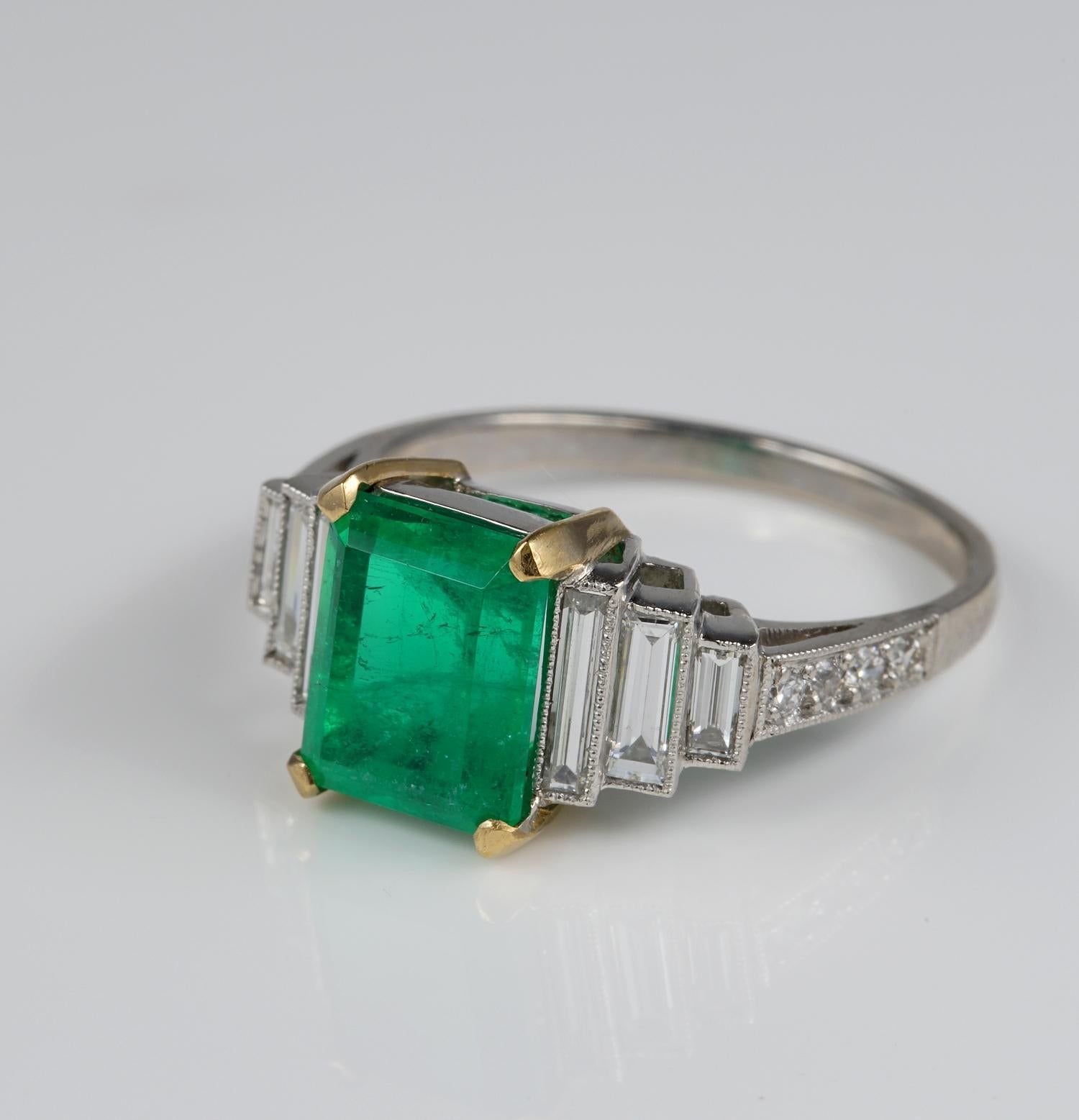 Emerald Cut Art Deco 2.60 Carat Colombian Emerald 1.70 Carat Diamond Platinum Ring For Sale