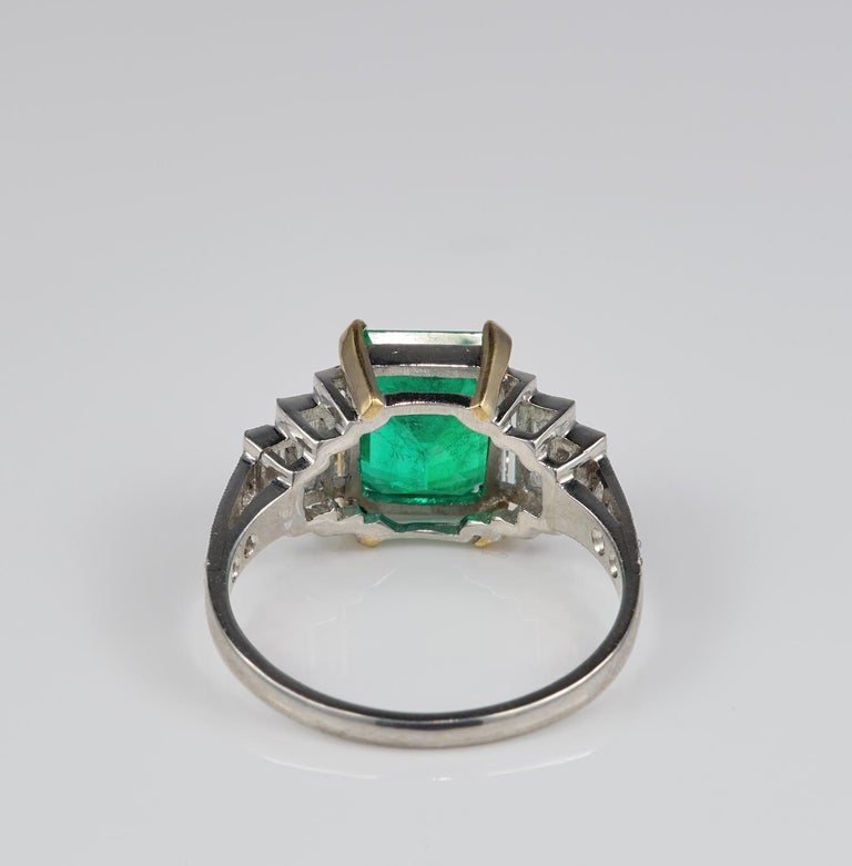 Art Deco 2.60 Carat Colombian Emerald 1.70 Carat Diamond Platinum Ring ...