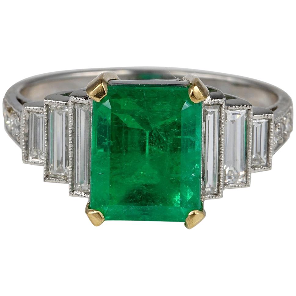 Art Deco 2.60 Carat Colombian Emerald 1.70 Carat Diamond Platinum Ring For Sale
