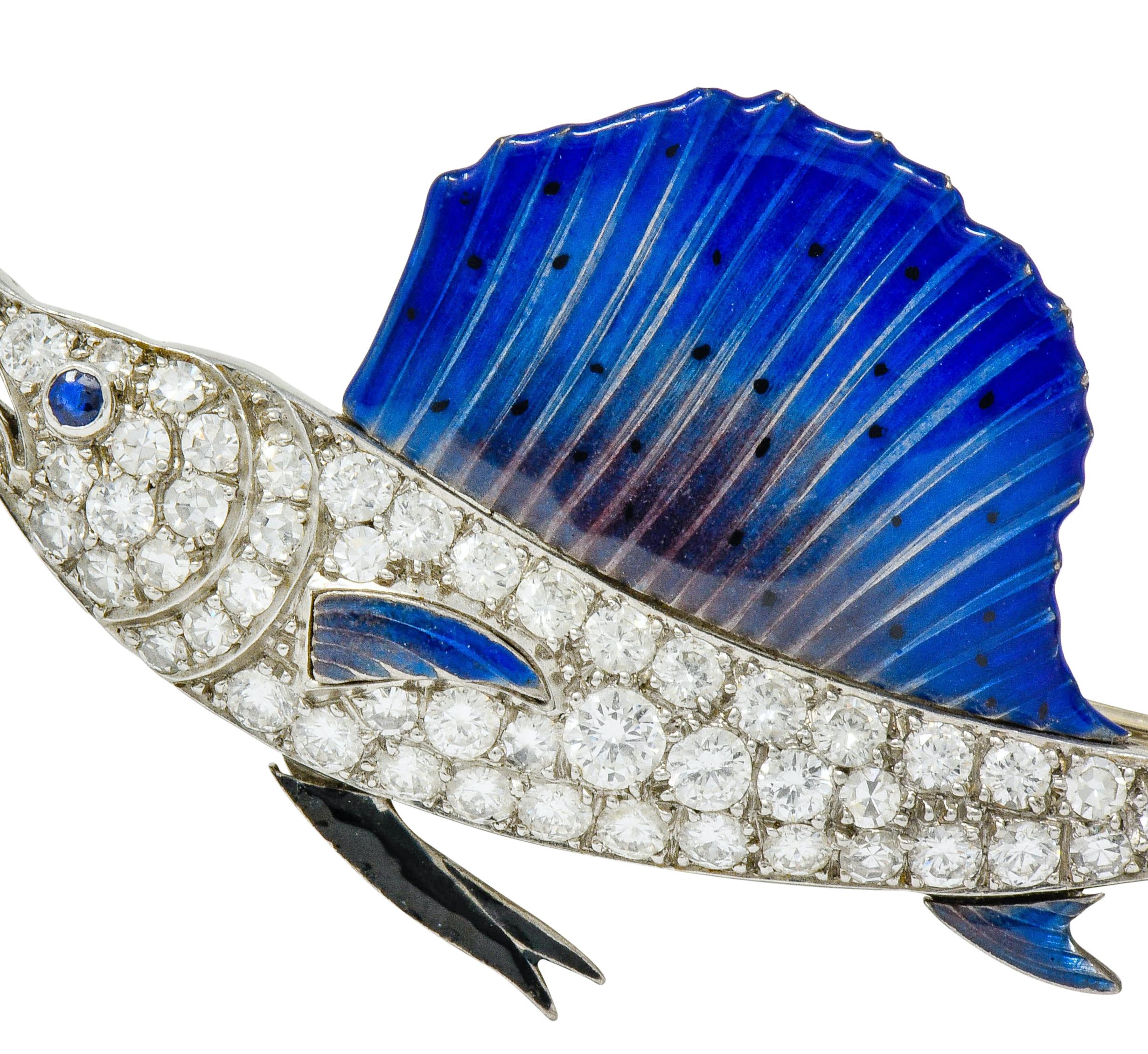 Art Deco 2.60 Carat Diamond Blue Enamel Platinum Swordfish Brooch 5