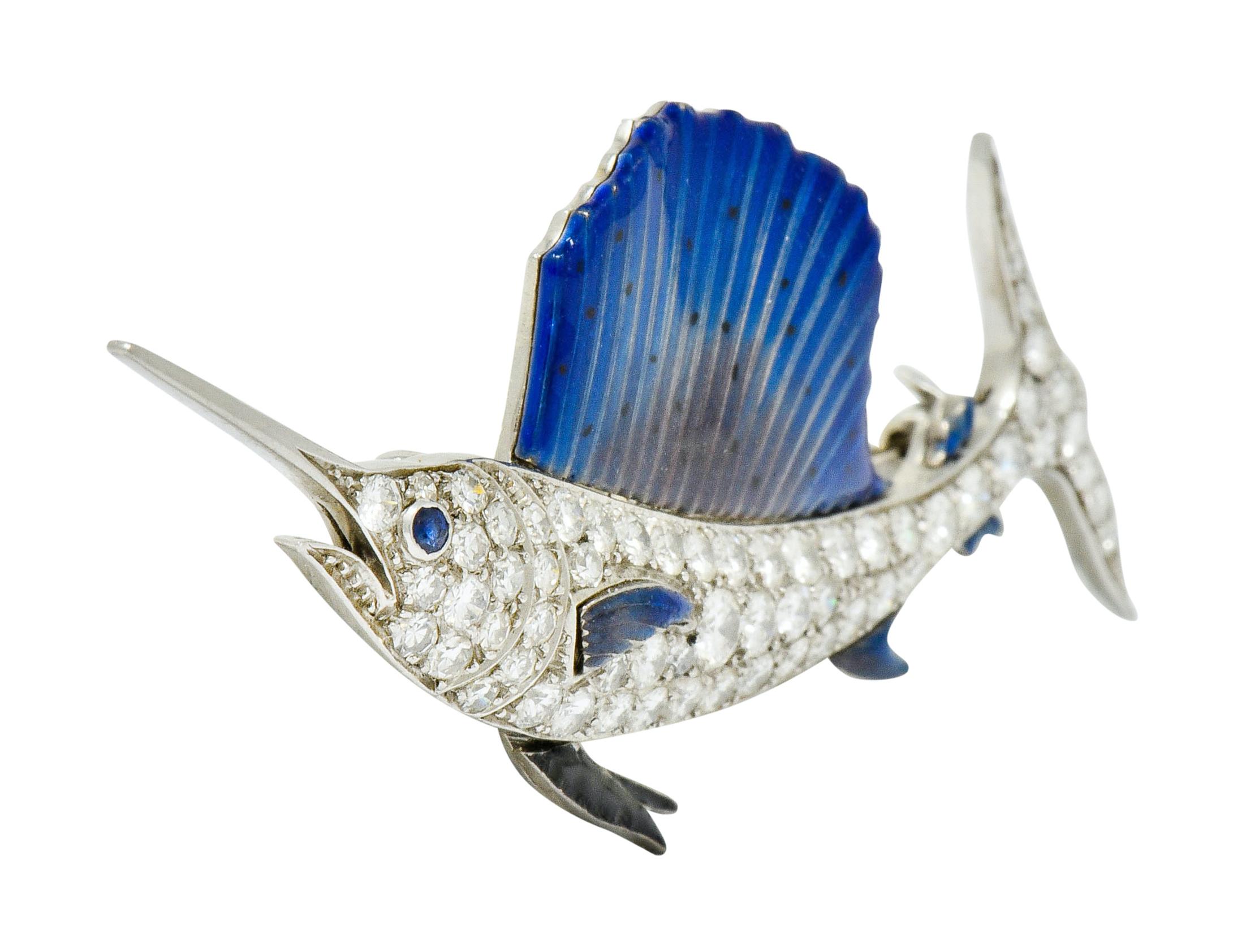 Brilliant Cut Art Deco 2.60 Carat Diamond Blue Enamel Platinum Swordfish Brooch