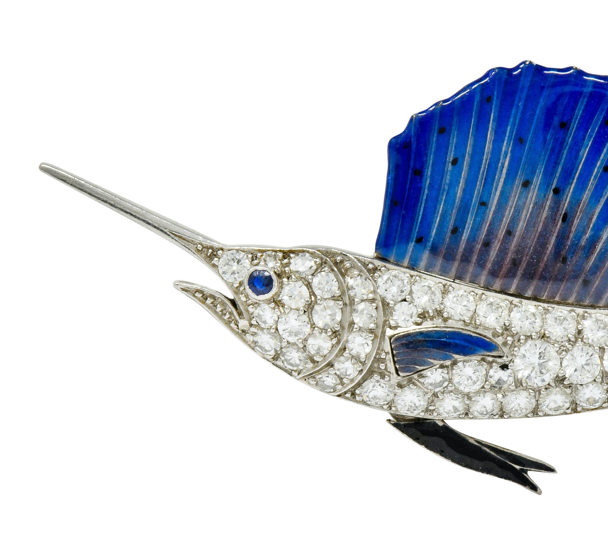 Art Deco 2.60 Carat Diamond Blue Enamel Platinum Swordfish Brooch In Excellent Condition In Philadelphia, PA