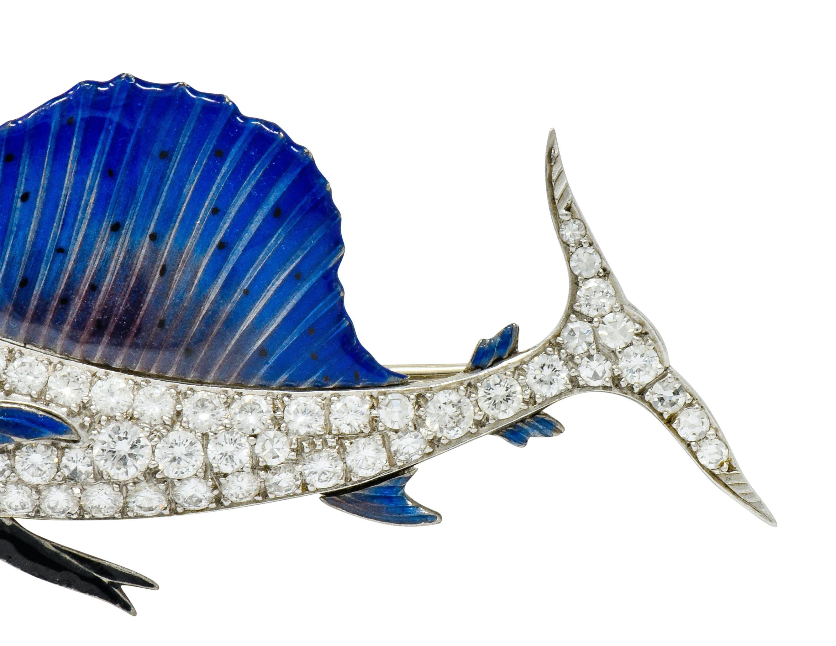 Women's or Men's Art Deco 2.60 Carat Diamond Blue Enamel Platinum Swordfish Brooch