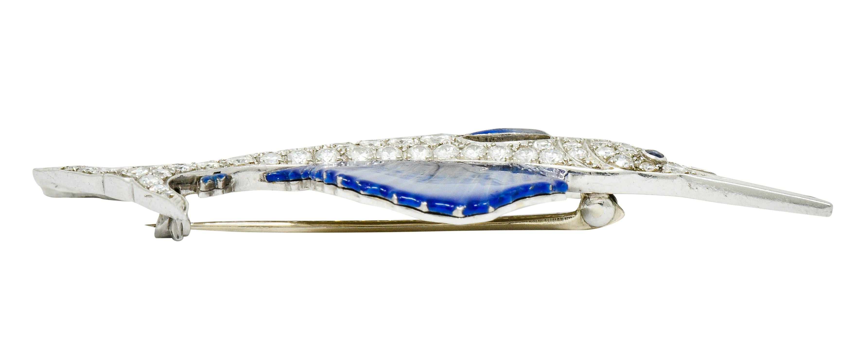 Art Deco 2.60 Carat Diamond Blue Enamel Platinum Swordfish Brooch 3