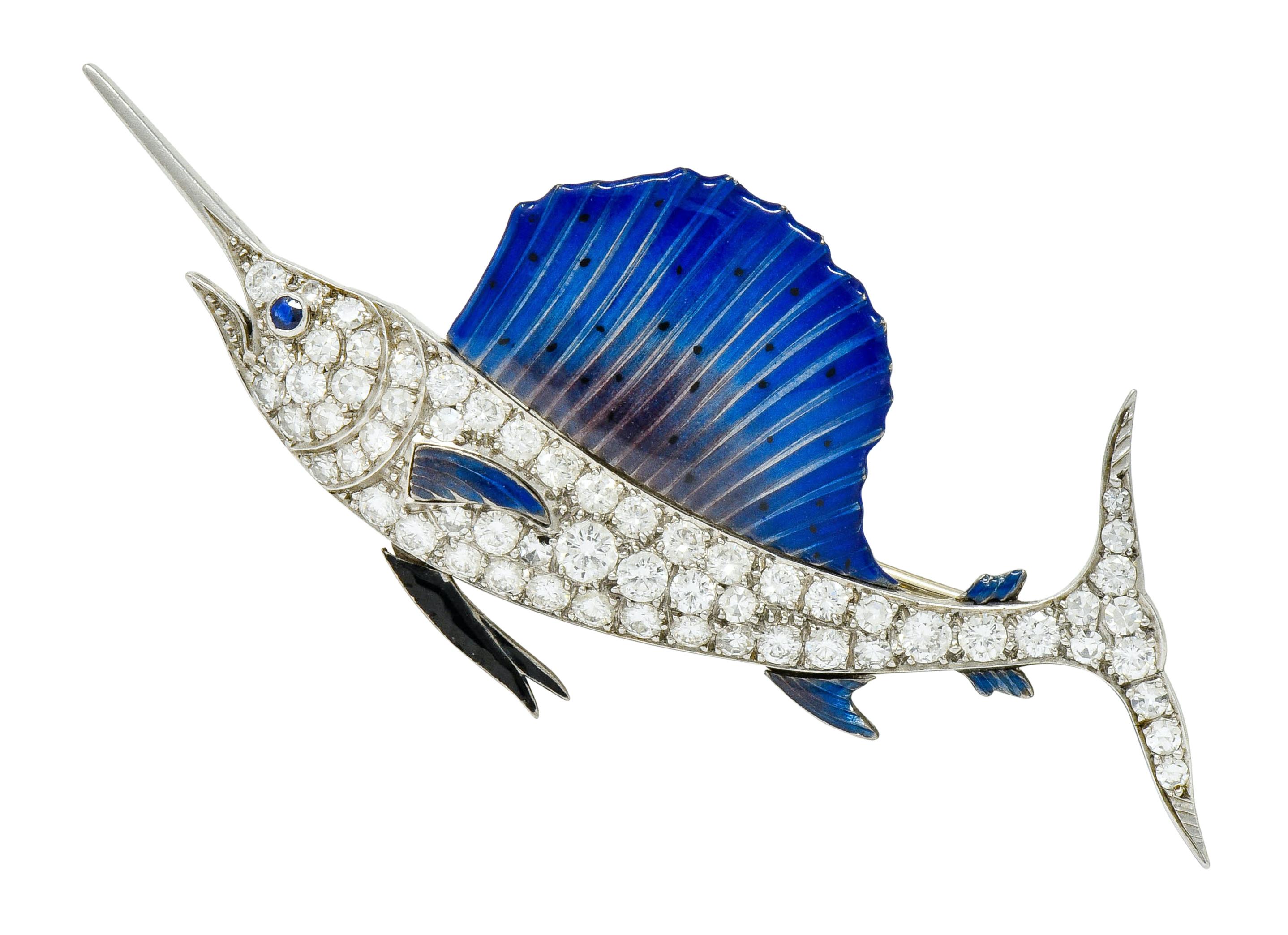 Art Deco 2.60 Carat Diamond Blue Enamel Platinum Swordfish Brooch 4