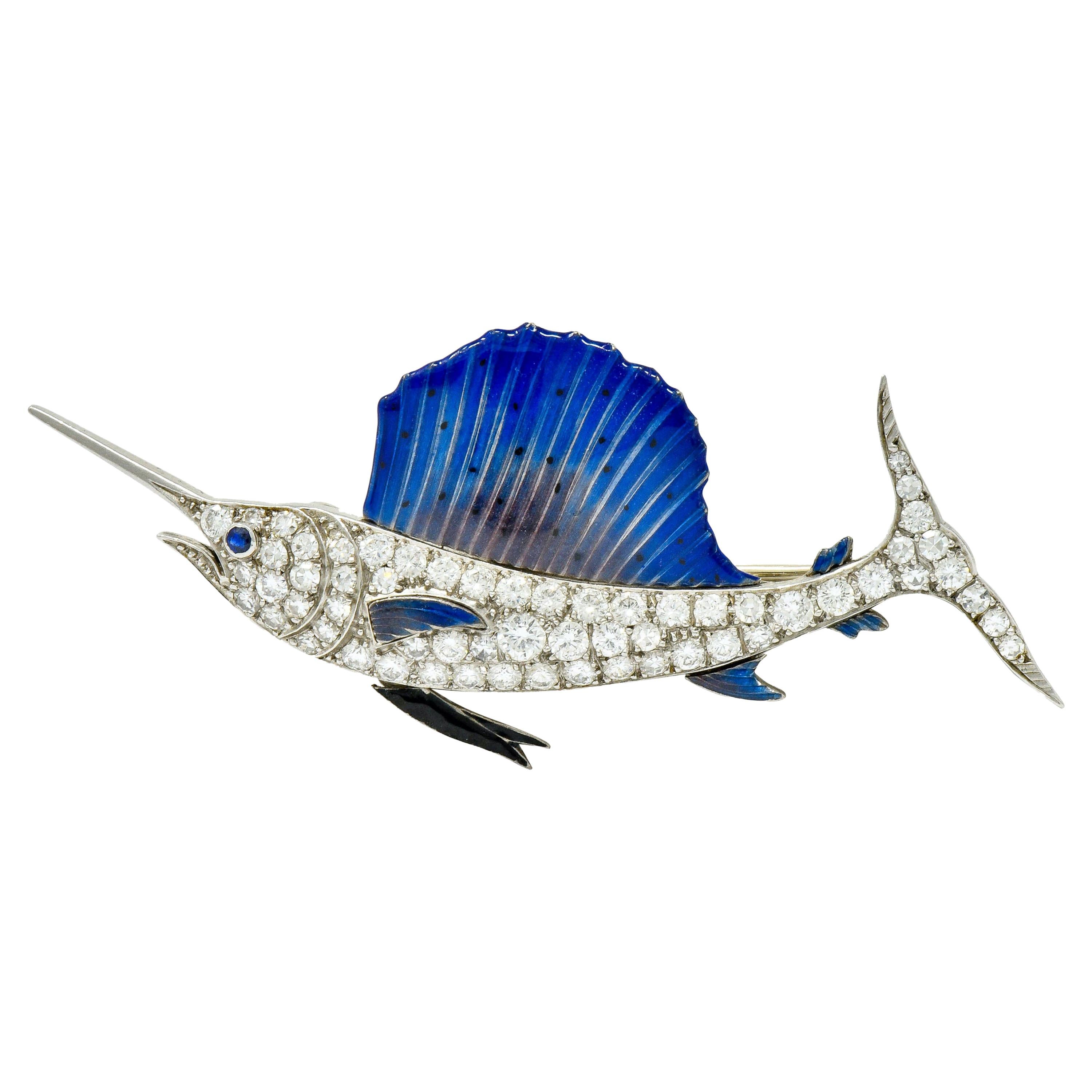 Art Deco 2.60 Carat Diamond Blue Enamel Platinum Swordfish Brooch