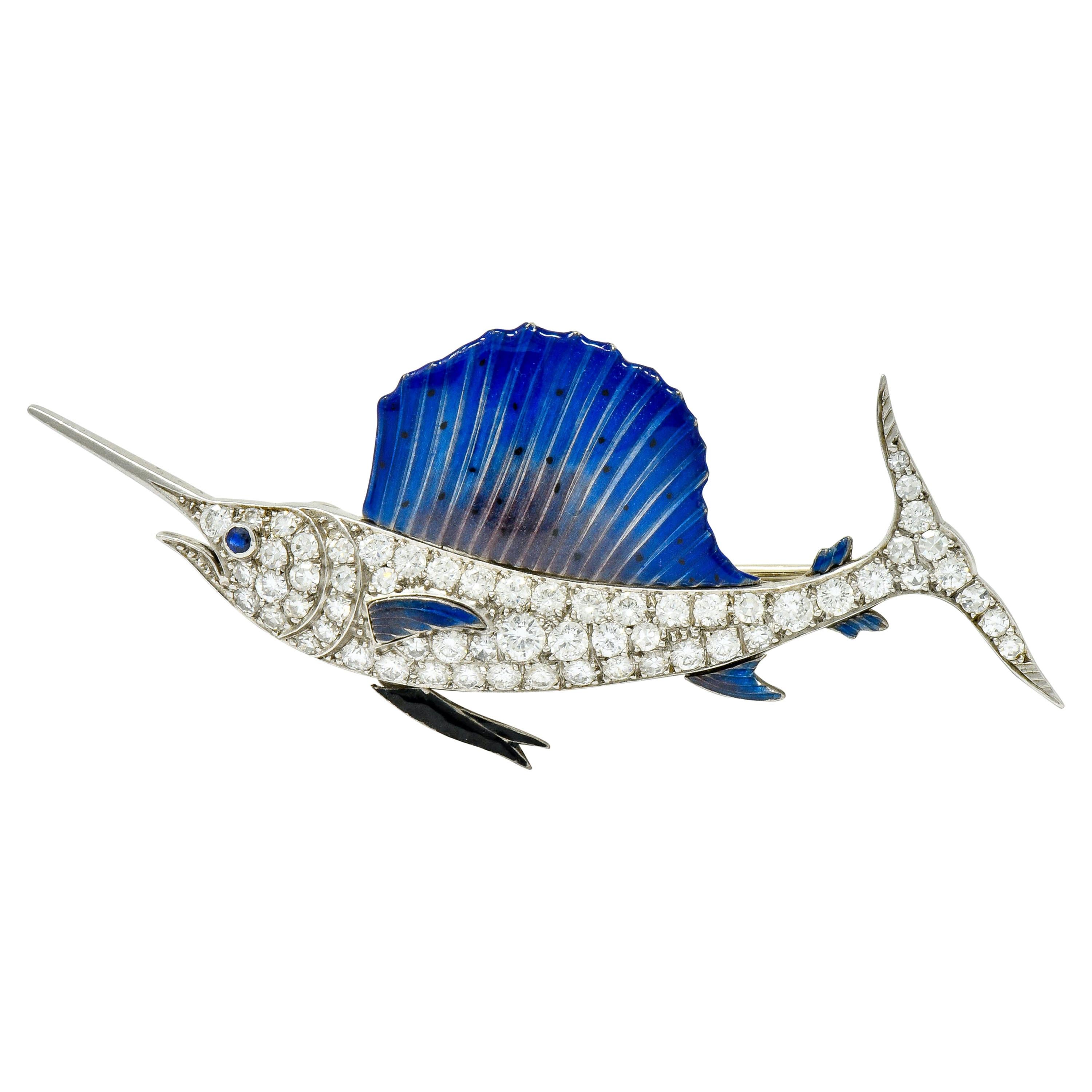 Art Deco 2.60 Carat Diamond Blue Enamel Platinum Swordfish Brooch