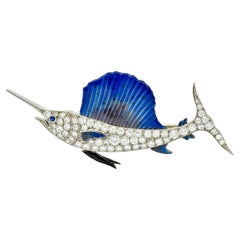 Vintage Art Deco 2.60 Carat Diamond Blue Enamel Platinum Swordfish Brooch