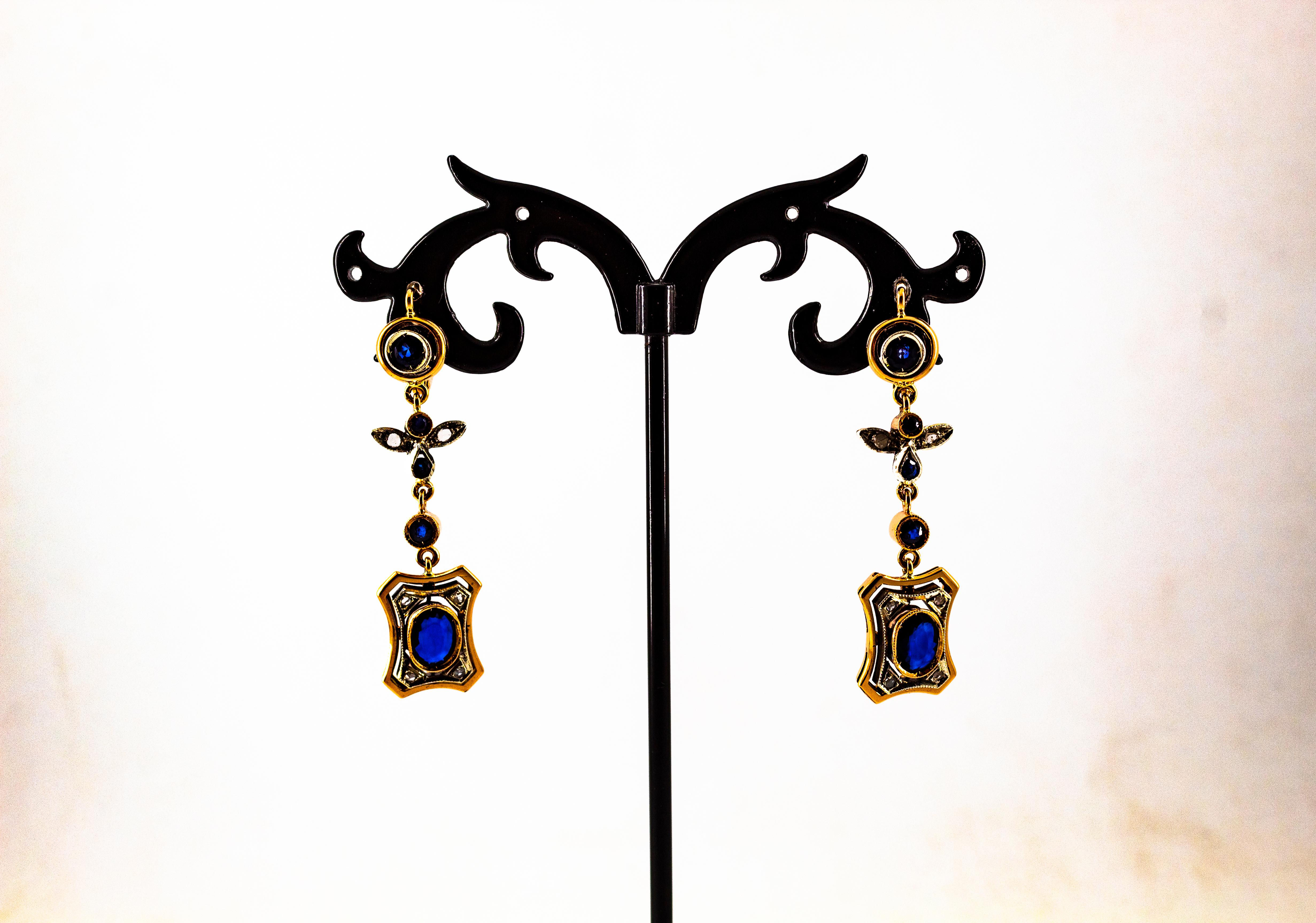 Art Deco Style White Rose Cut Diamond Blue Sapphire Yellow Gold Drop Earrings 6