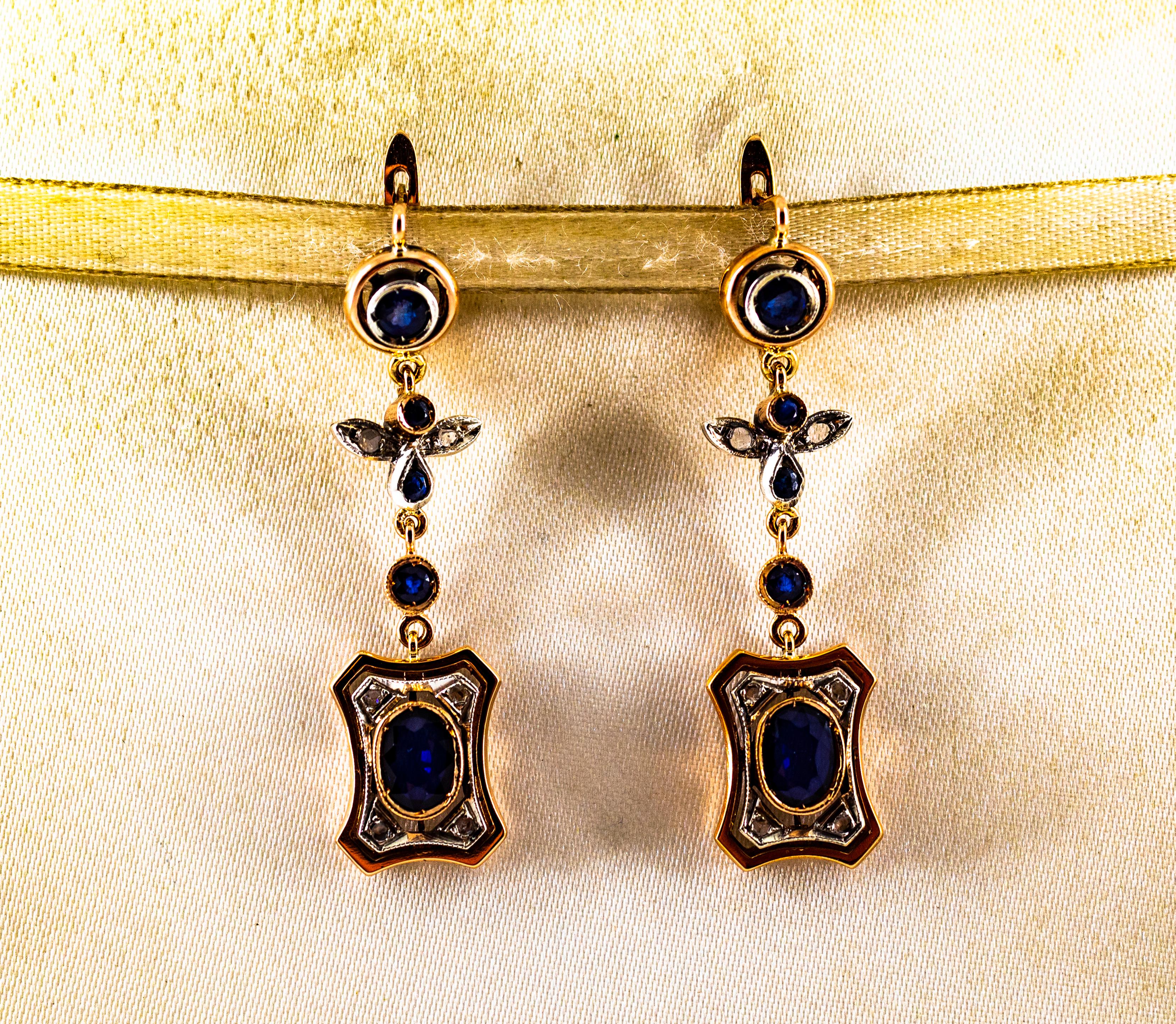 Women's or Men's Art Deco Style White Rose Cut Diamond Blue Sapphire Yellow Gold Drop Earrings