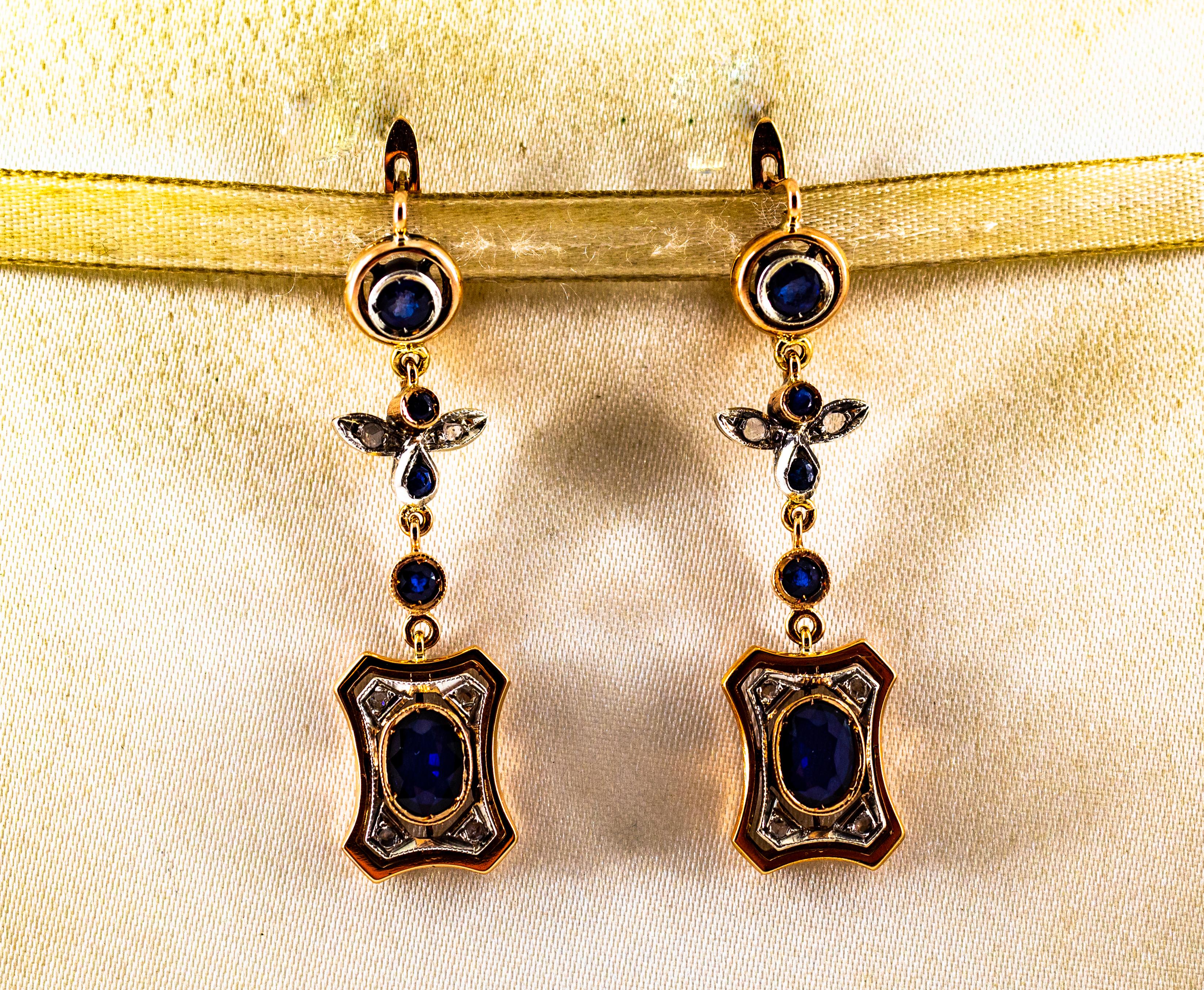 Art Deco Style White Rose Cut Diamond Blue Sapphire Yellow Gold Drop Earrings 1