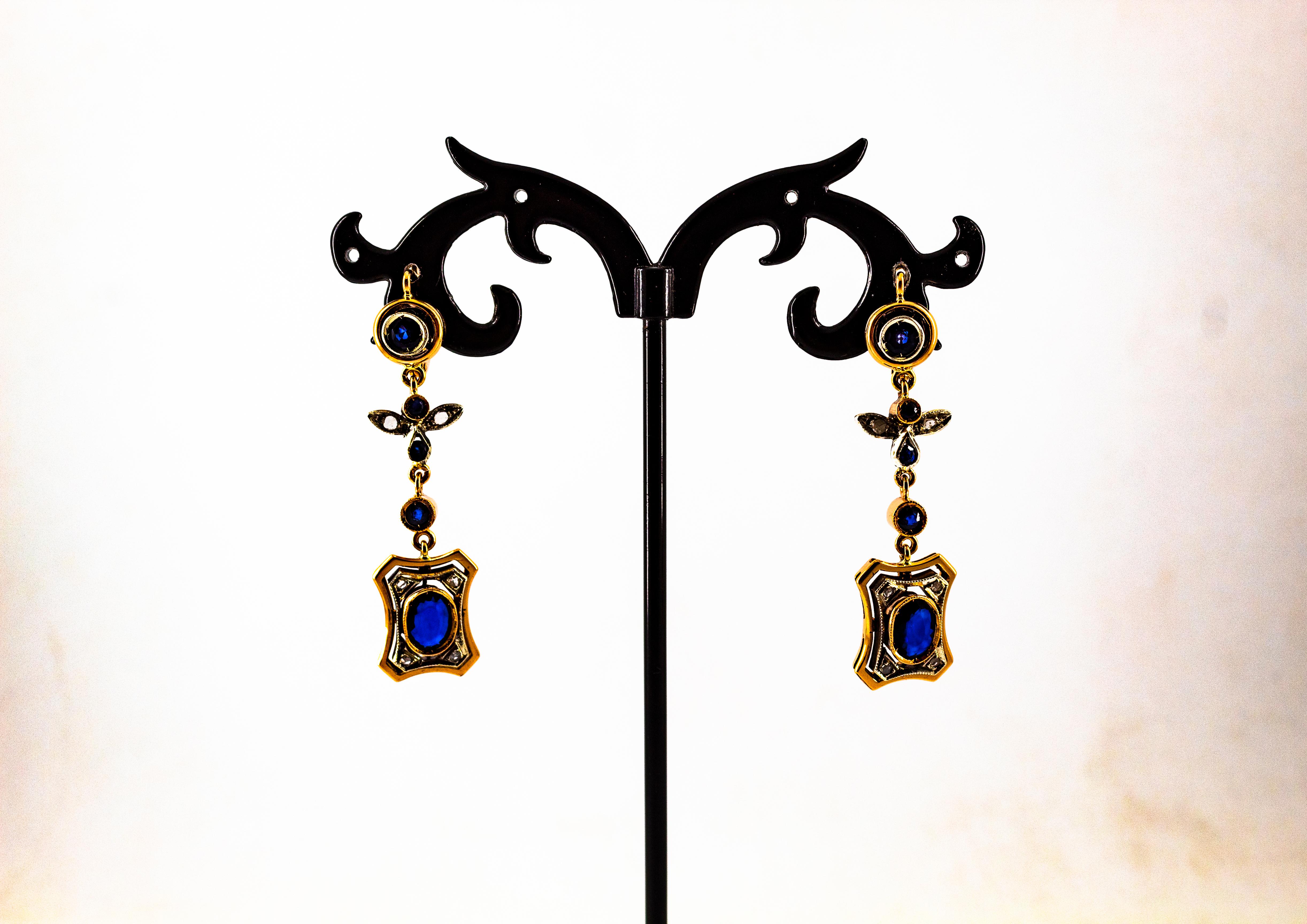 Art Deco Style White Rose Cut Diamond Blue Sapphire Yellow Gold Drop Earrings 4