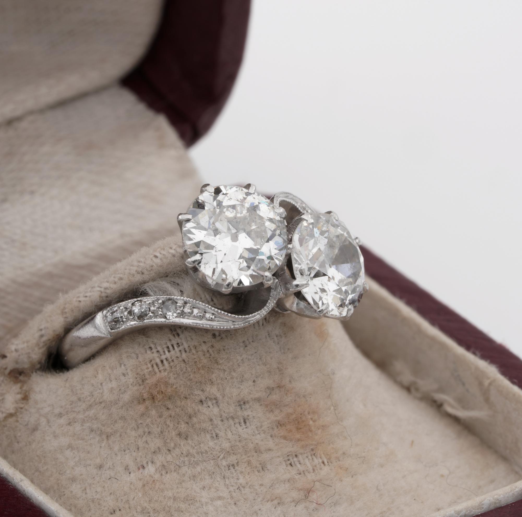 Old European Cut Art Deco 2.60 Ct Diamond Twist Platinum Ring For Sale
