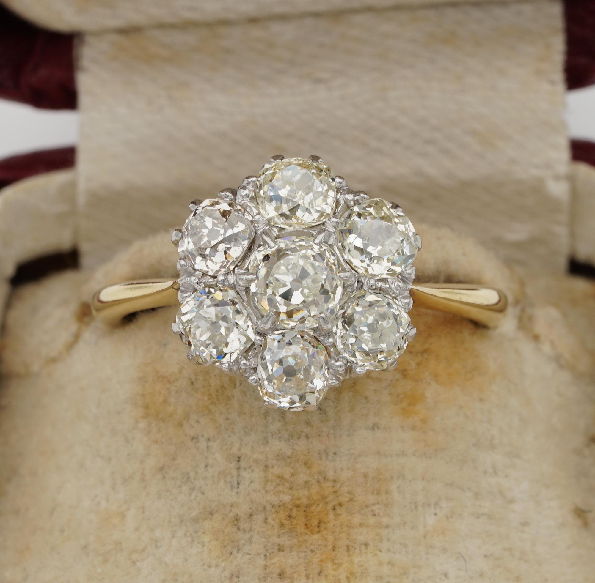 Antique Statement

Ablaze with shimmer and never-ending sparkle this seven stone Diamond antique ring from the Art Deco period
Important carat weight given out as 2.60 Ct! With a centre of .80 Ct (G/VS) and six more for 1.80 Ct (.30 Ct Each) set as