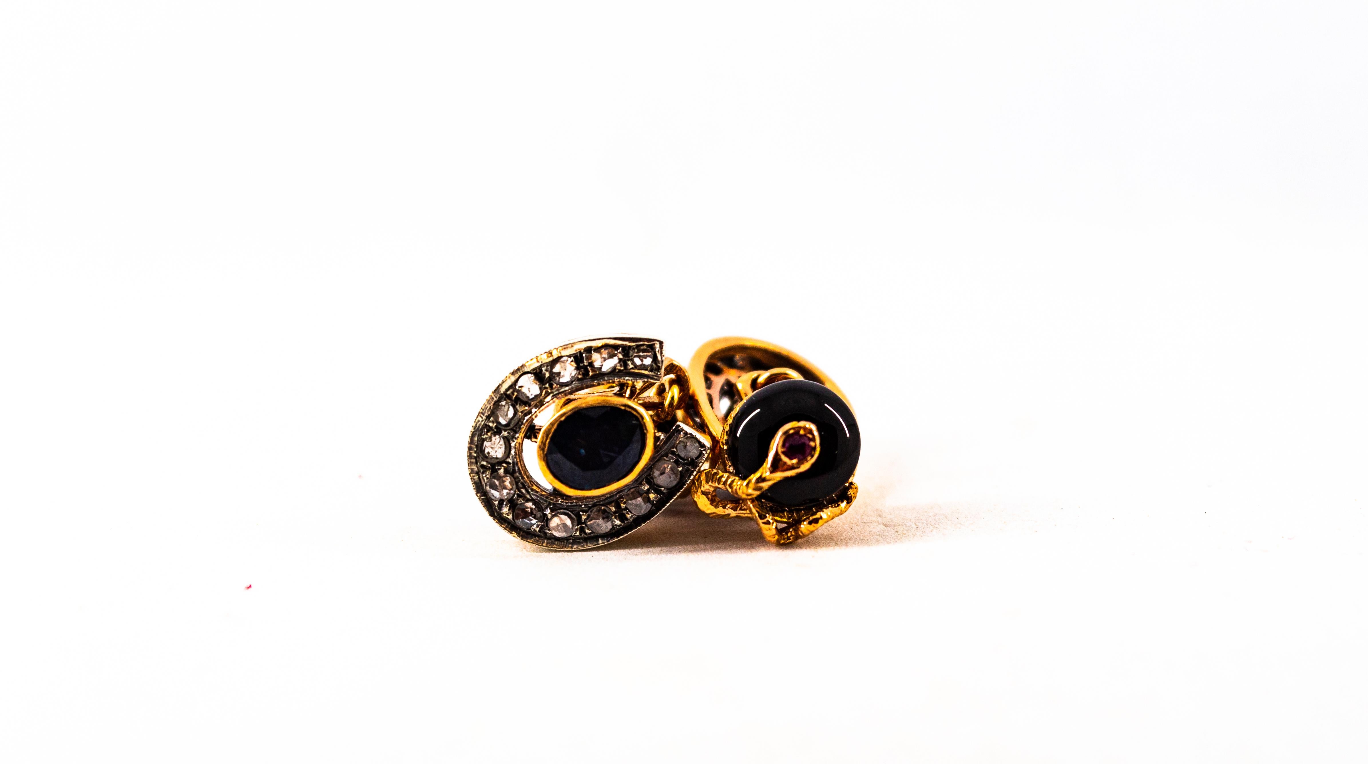 Art Deco Style 2.61 Carat Diamond Ruby Blue Sapphire Onyx Yellow Gold Cufflinks For Sale 1