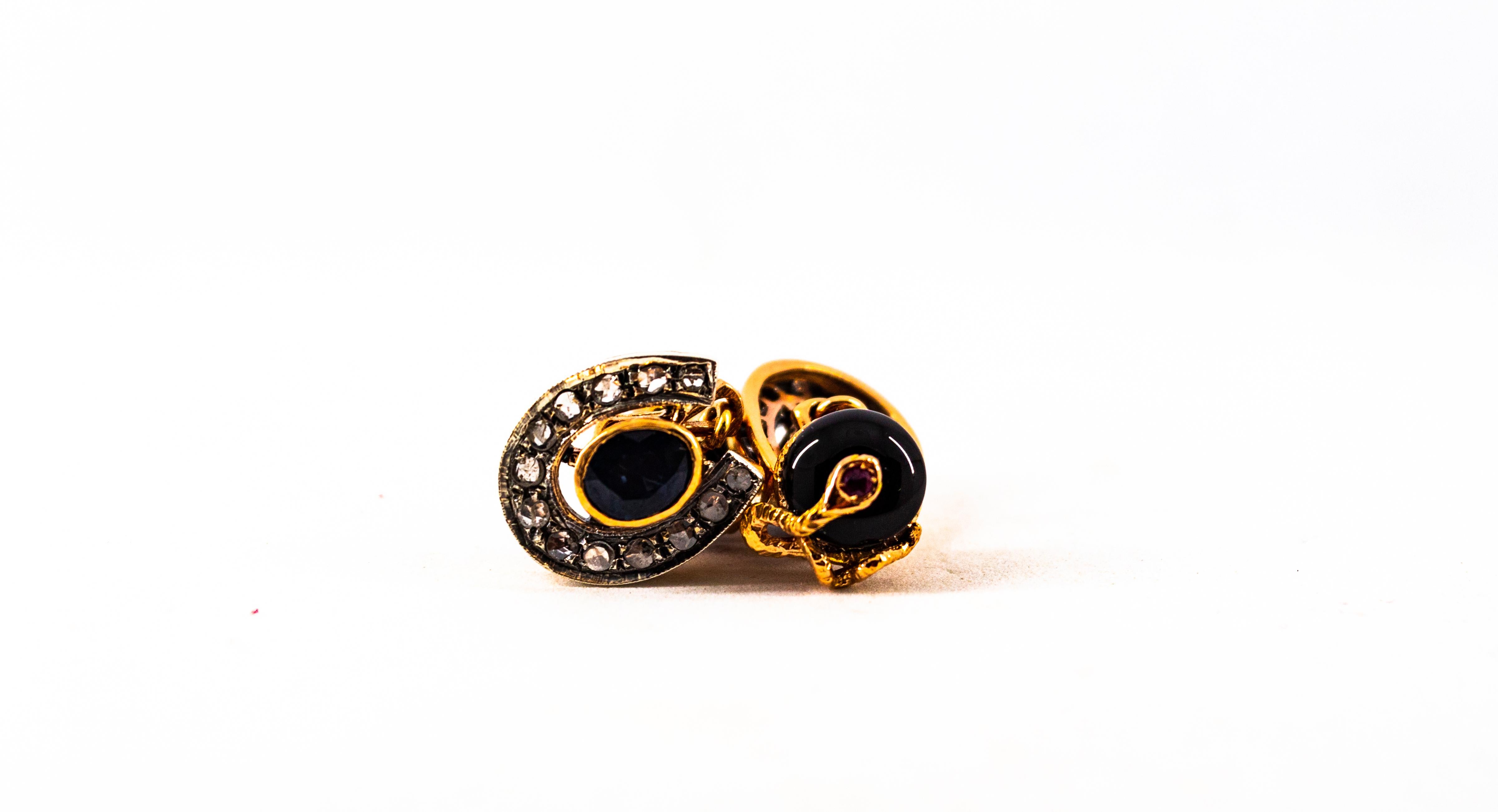 Boutons de manchette en or jaune de style Art déco avec diamants de 2,61 carats, rubis, saphirs bleus et onyx en vente 2