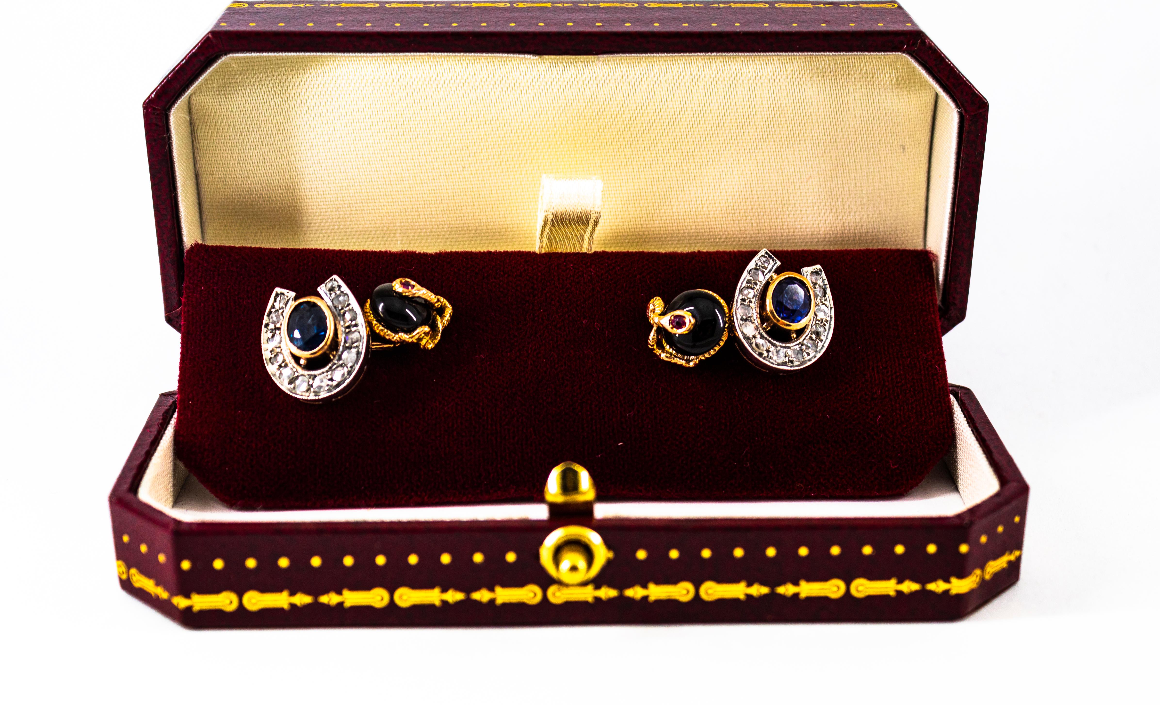 Art Deco Style 2.61 Carat Diamond Ruby Blue Sapphire Onyx Yellow Gold Cufflinks For Sale 3