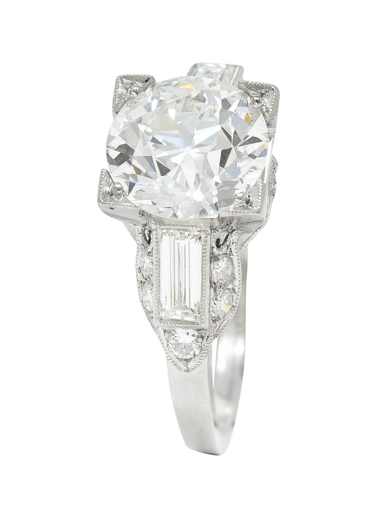 Art Deco 2.61 Carats Old European Cut Diamond Platinum Engagement Ring GIA 5