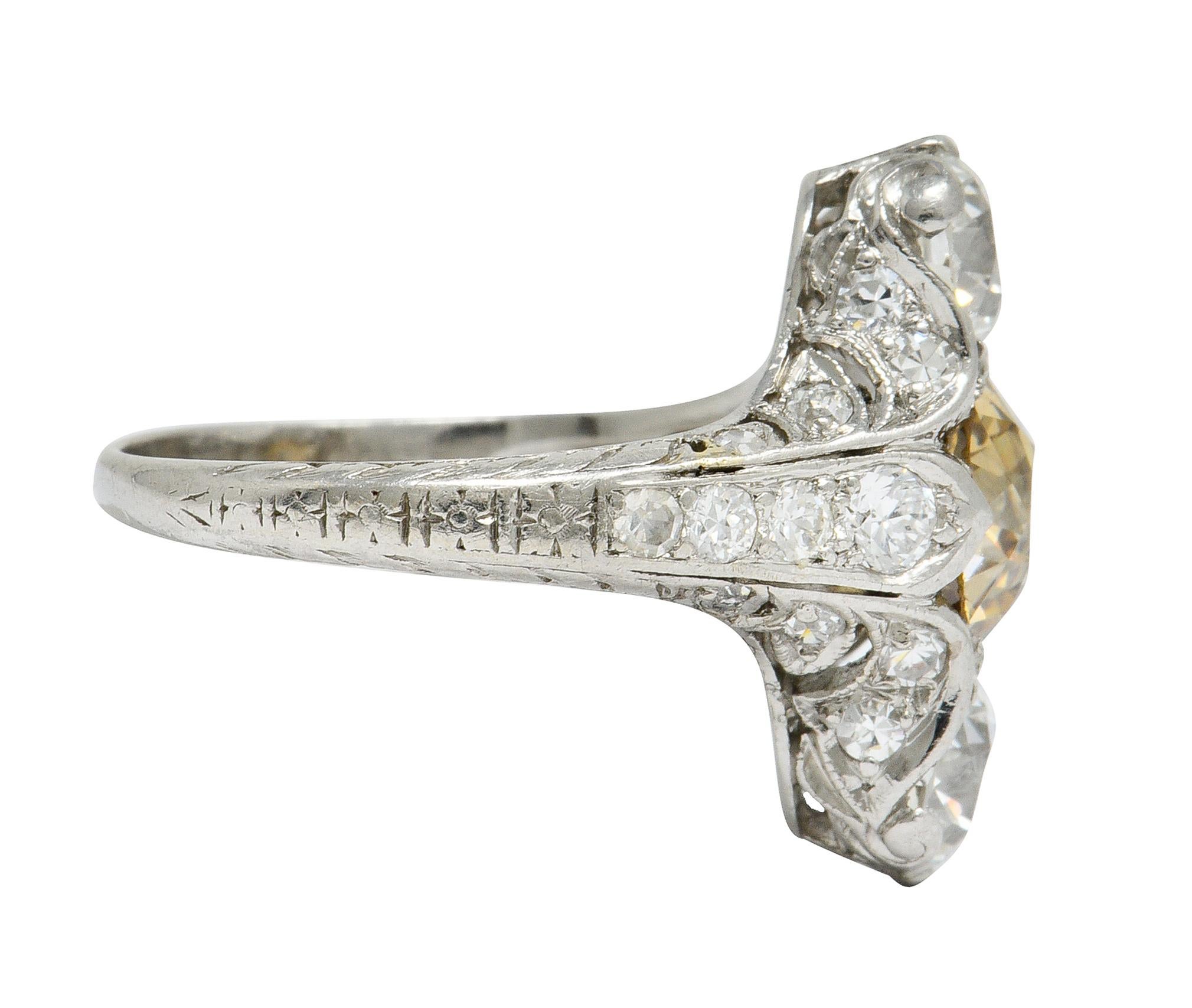 Old European Cut Art Deco 2.62 Carat Fancy Diamond & White Diamond Platinum Dinner Ring